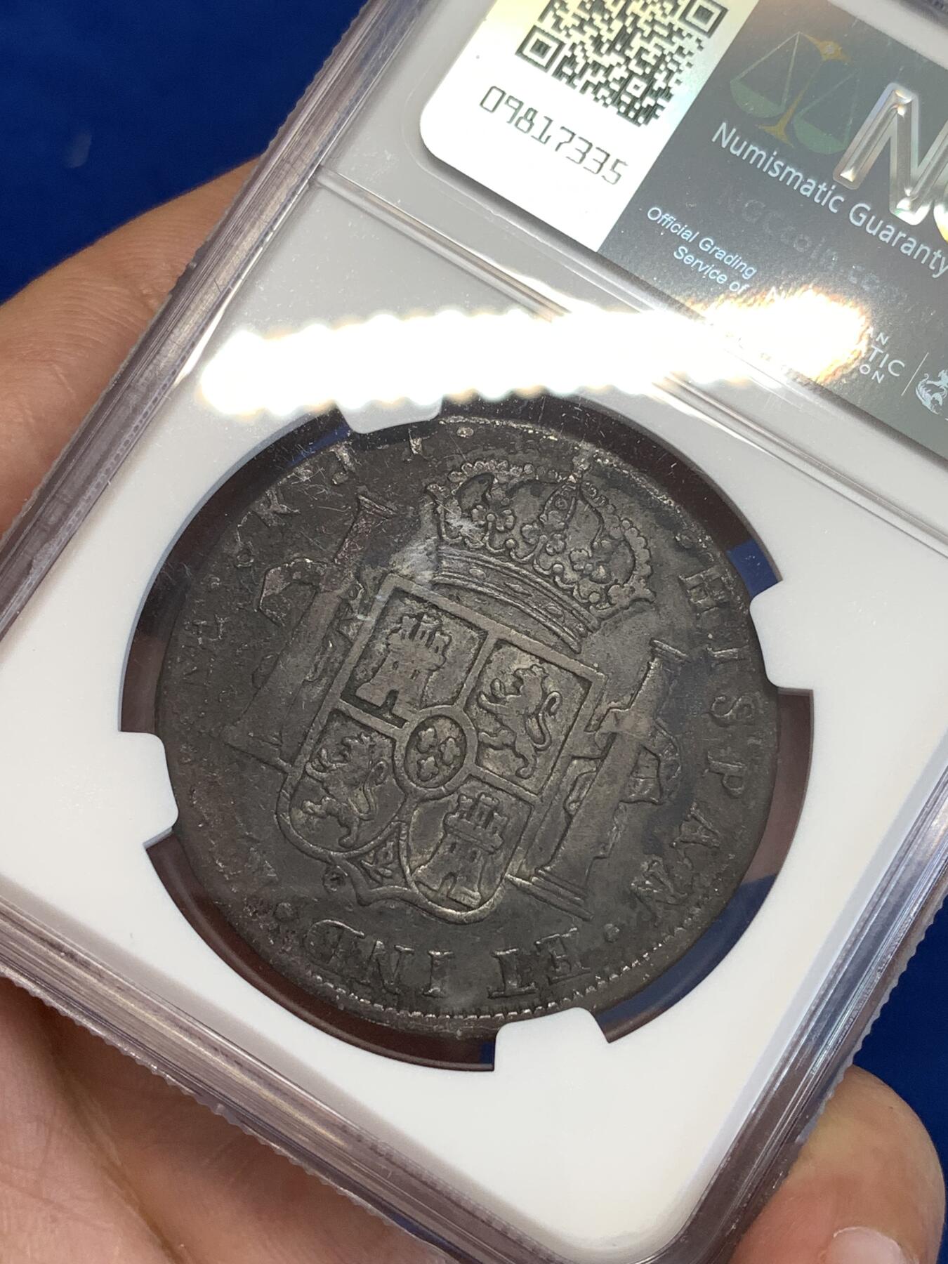 《竞宝斋》第287场-周六， 周日，周一 3场连拍 （全场包邮） NGC VFD 秘鲁1804年卡四双柱 包浆入骨