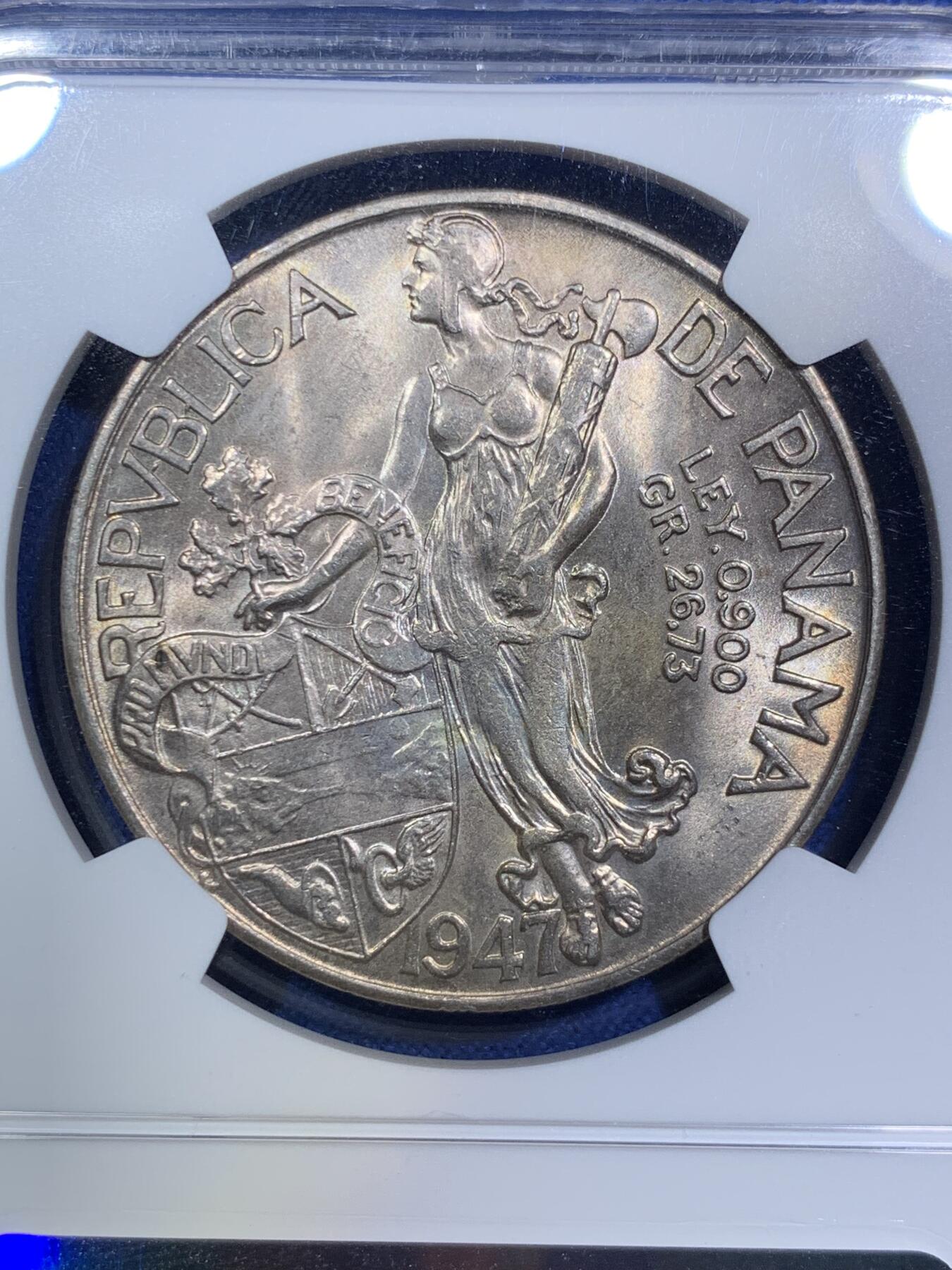 《竞宝斋》第287场-周六， 周日，周一 3场连拍 （全场包邮） NGC MS64 巴拿马1947年巴尔博亚大银币 转光丝滑 漂亮包浆 可藏品相