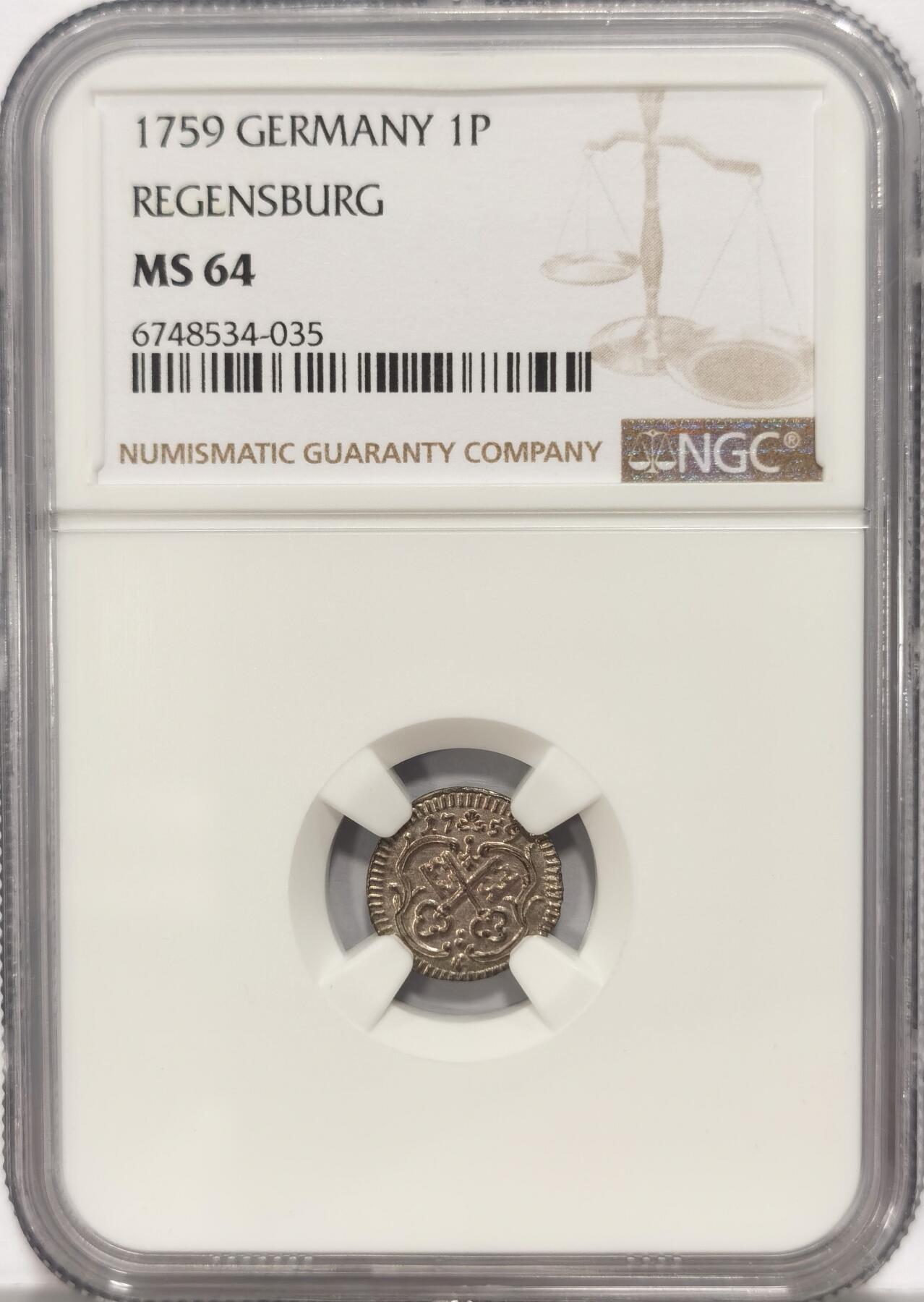博洋堂世界钱币拍卖第084期（全场包邮） NGC MS64 德国雷根斯堡1759年双钥匙1芬尼小银币