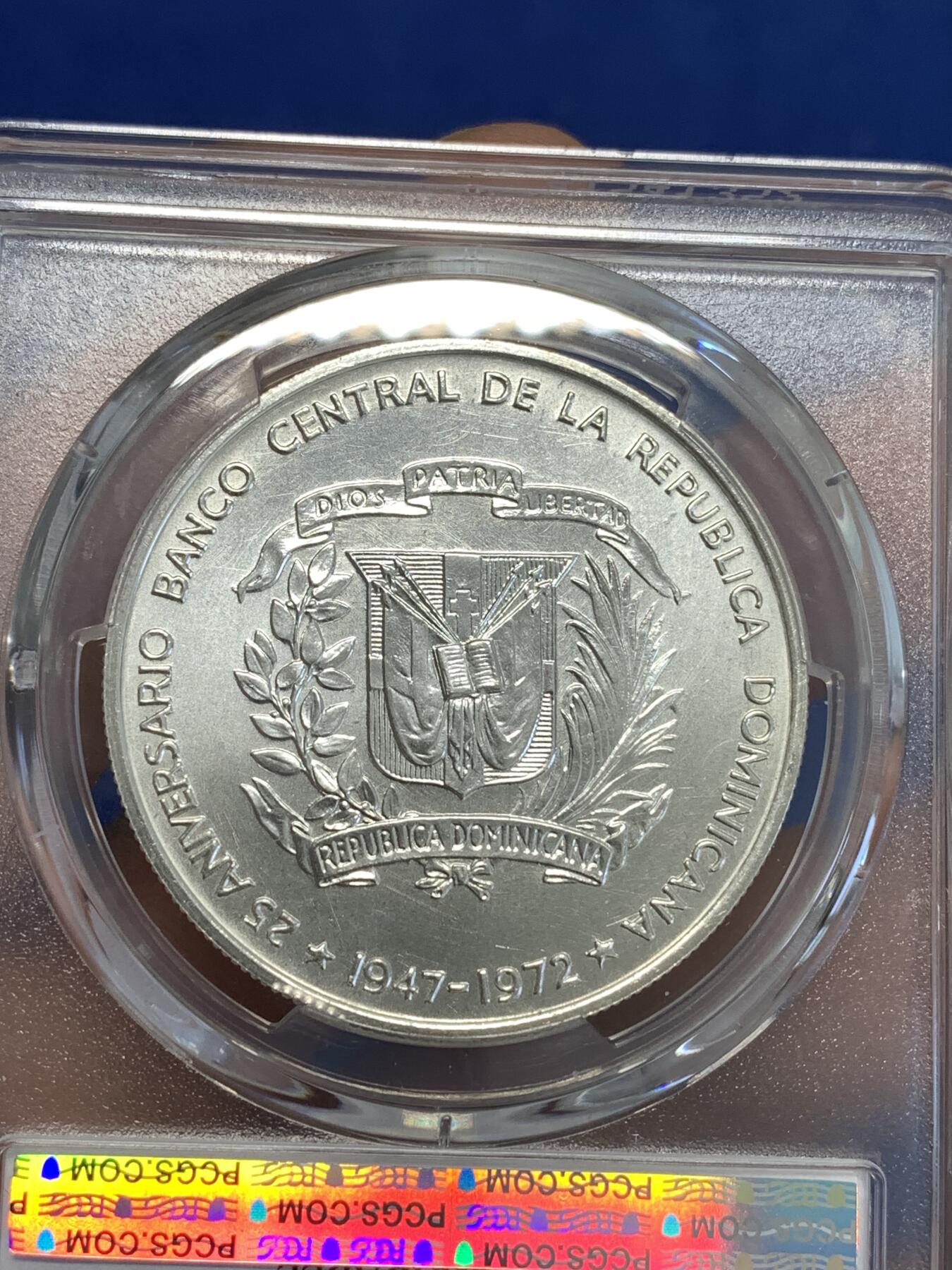 《竞宝斋》第287场-周六， 周日，周一 3场连拍 （全场包邮） PCGS金盾 UNCD 多米尼加1972年1比索大银币