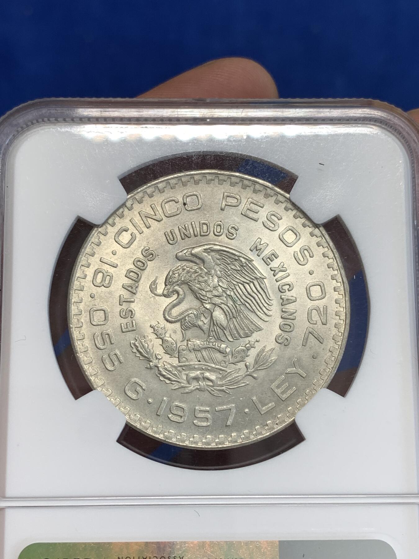 《竞宝斋》第287场-周六， 周日，周一 3场连拍 （全场包邮） NGC MS65 墨西哥 1957年 宪法百年纪念 5比索 银币