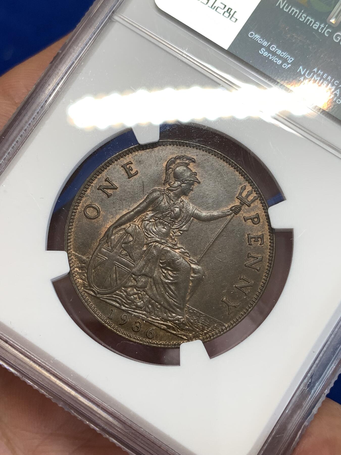 《竞宝斋》第287场-周六， 周日，周一 3场连拍 （全场包邮） NGC MS64BN 英国1936年乔治五世1便士铜币