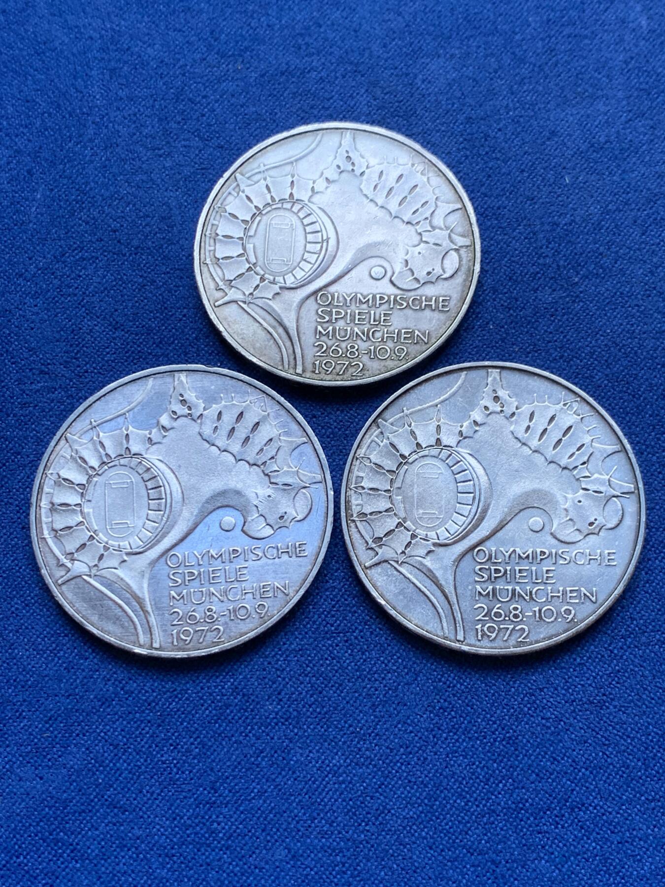《竞宝斋》第287场-周六， 周日，周一 3场连拍 （全场包邮） 3枚一组 德国1972年10马克银币 不同厂别