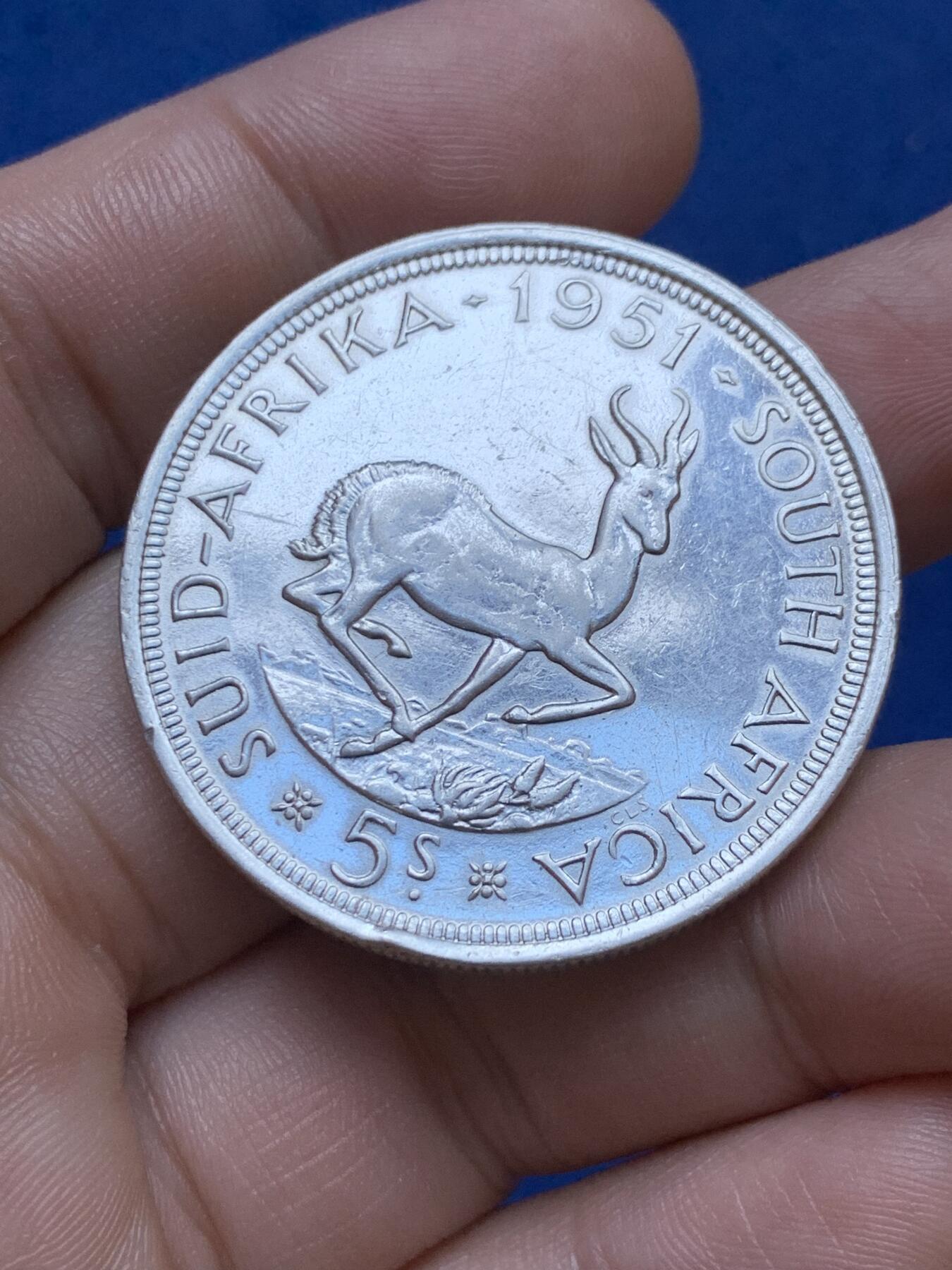 《竞宝斋》第287场-周六， 周日，周一 3场连拍 （全场包邮） 1951年南非乔六跳羚5先令银币