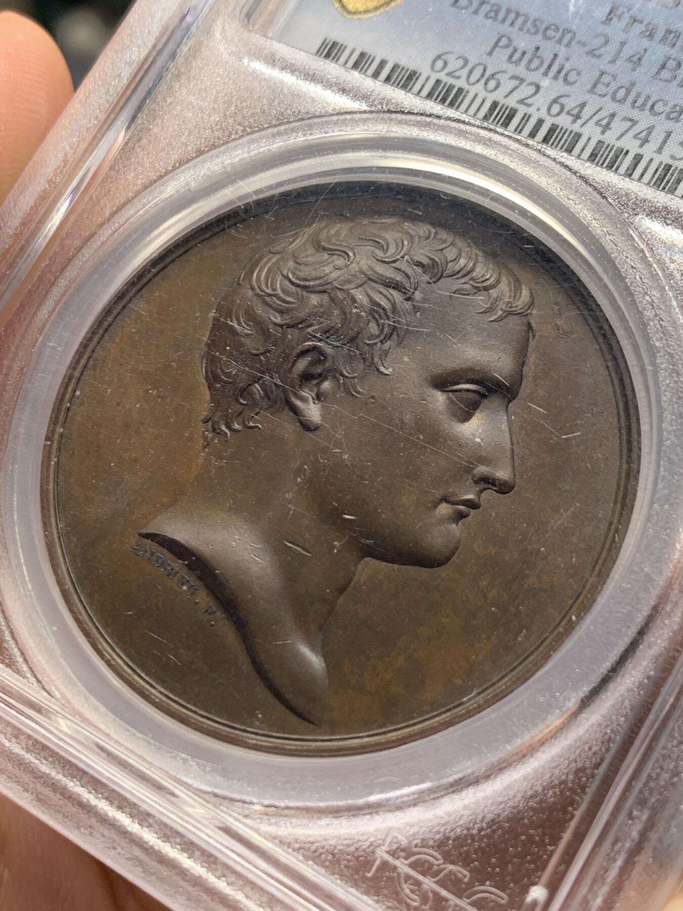 《竞宝斋》第287场-周六， 周日，周一 3场连拍 （全场包邮） PCGS SP64 法国1802拿破仑凯撒头原铸铜章 背面古罗马装扮的男神低头阅读 高分不易 仅三枚更高分