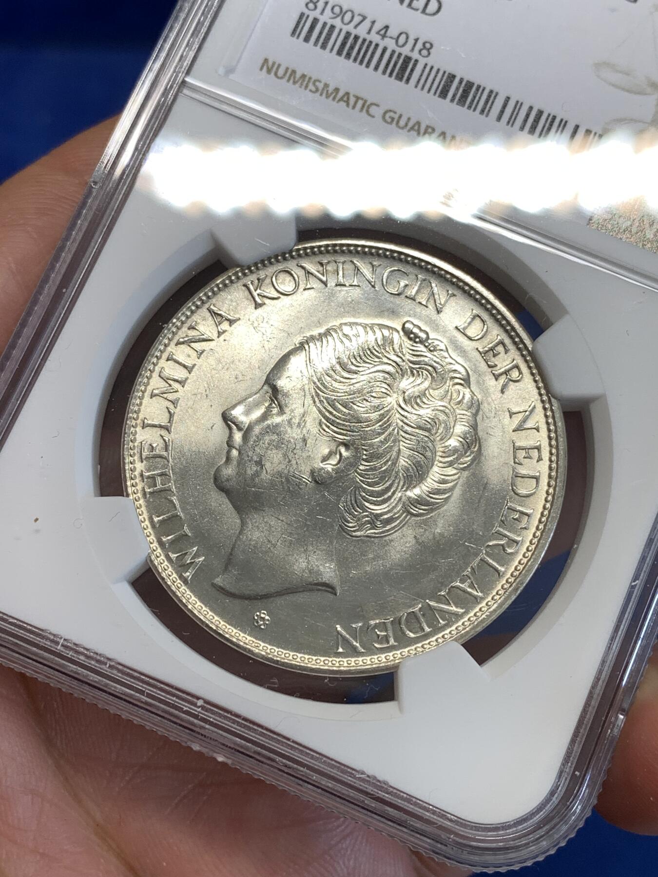 《竞宝斋》第287场-周六， 周日，周一 3场连拍 （全场包邮） NGC UNC 荷属库拉索1944年威廉明娜女王2.5盾大银币，严评没给分