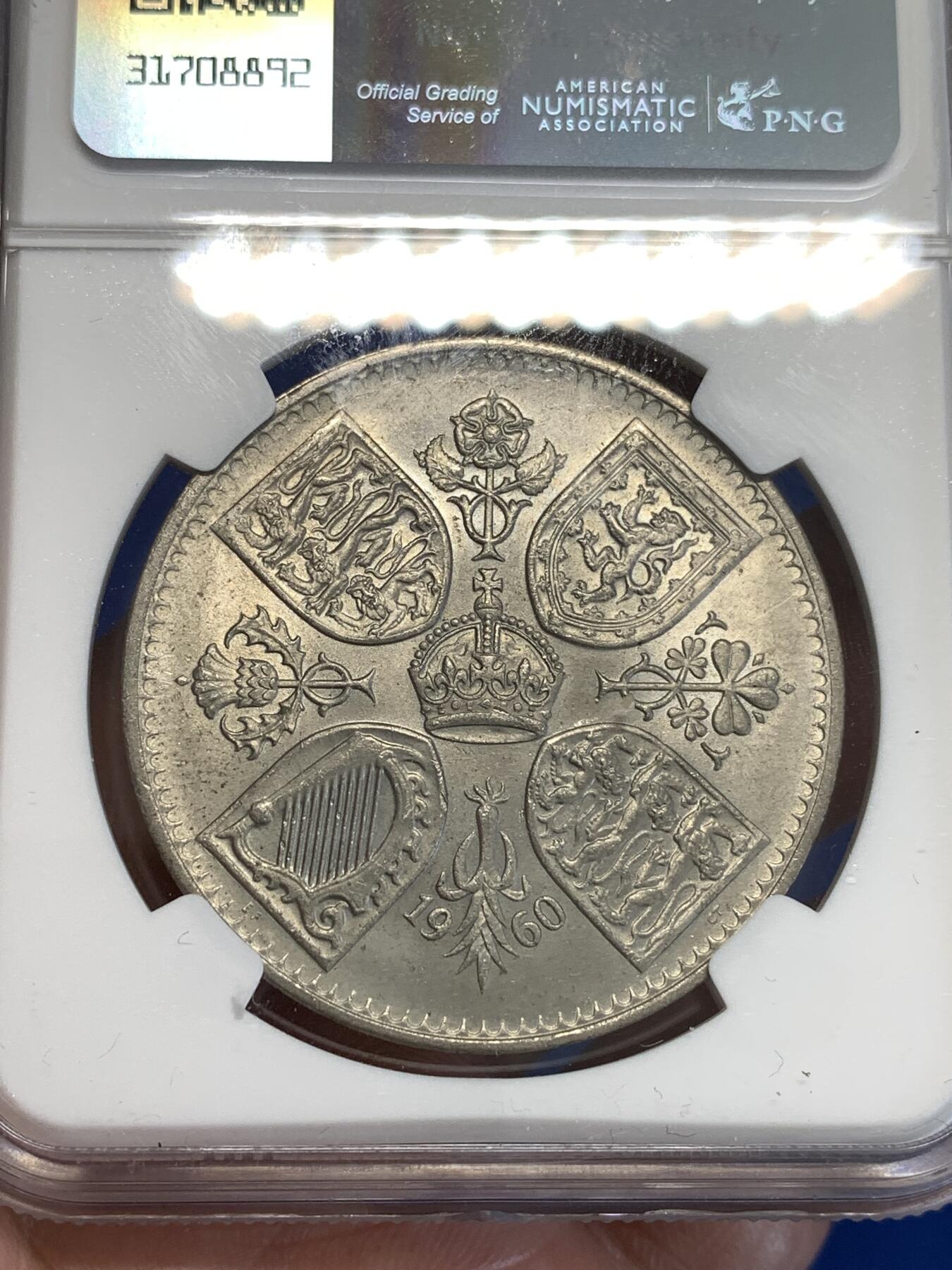 《竞宝斋》第287场-周六， 周日，周一 3场连拍 （全场包邮） NGC UNC 英国1960年纽约博览会伊丽莎白女王纪念克朗币 严评没给分，比登基克朗少见