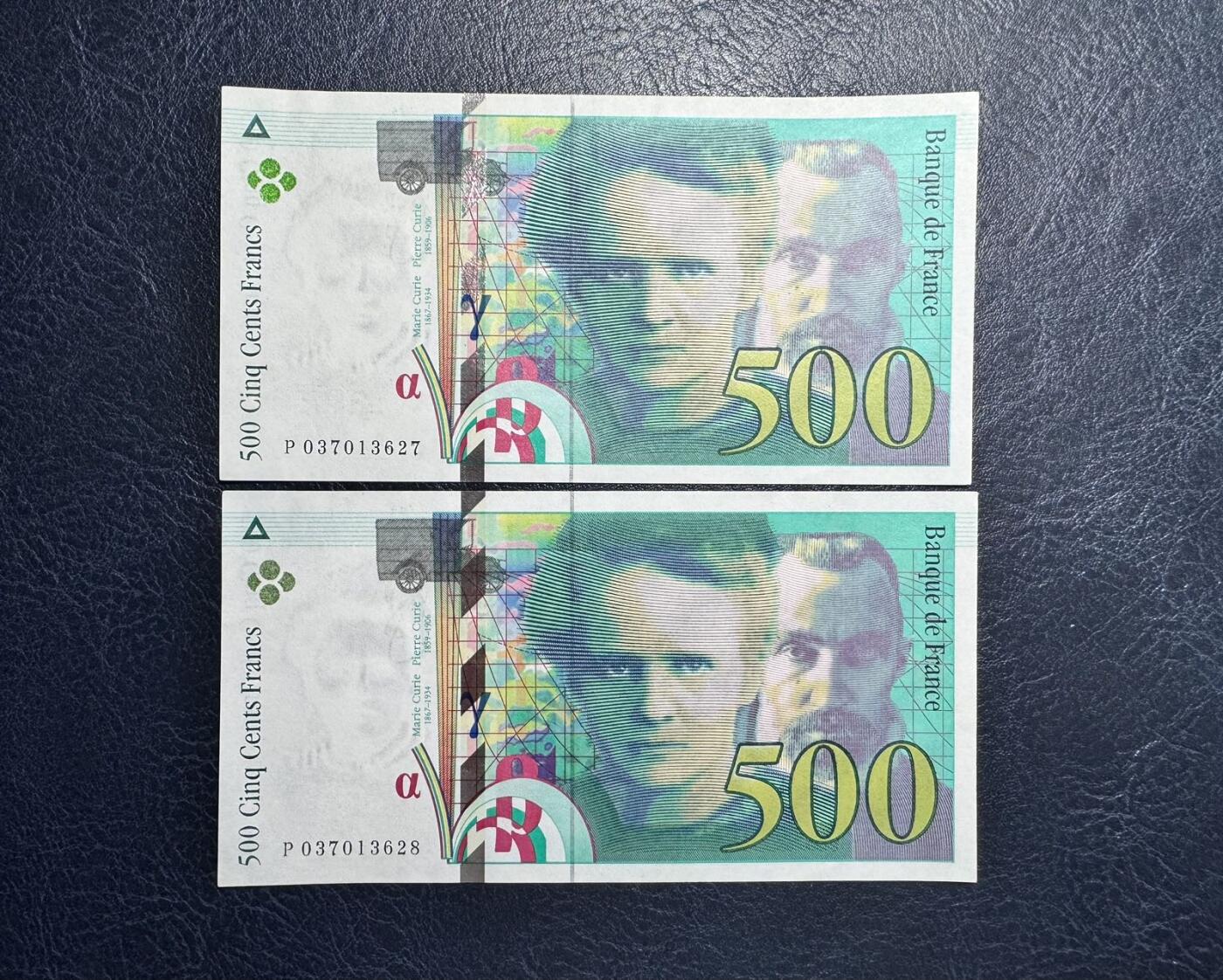 收藏联盟Quantum Auction 第359期拍卖  法国1998年500法郎两张 品相AU-  诺贝尔化学奖得主 居里夫人