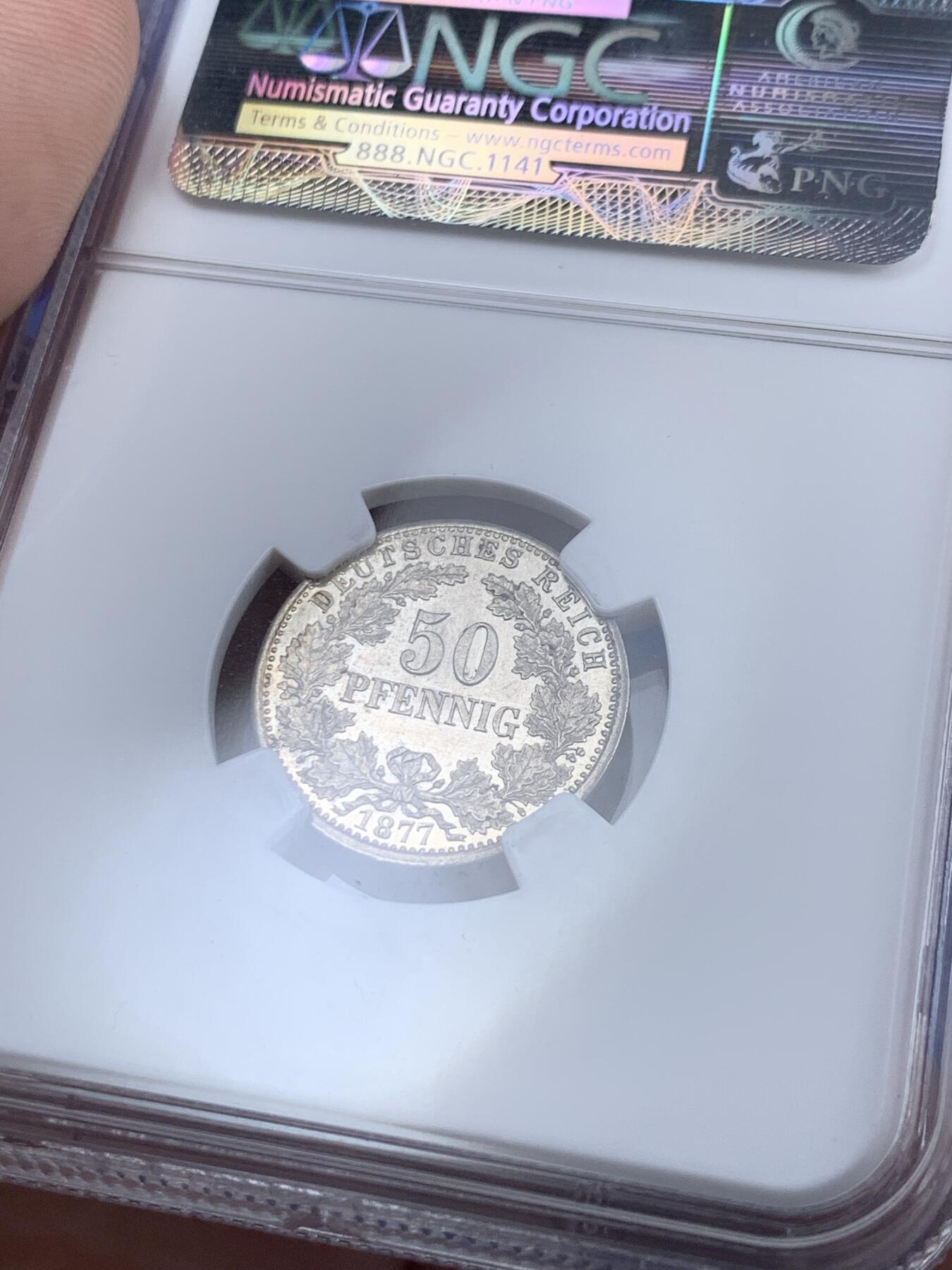 《竞宝斋》第287场-周六， 周日，周一 3场连拍 （全场包邮） NGC MS64 1877D 德意志第二帝国短翅鹰50芬尼花环银币 类镜面底板，观赏感十足，名誉品种。