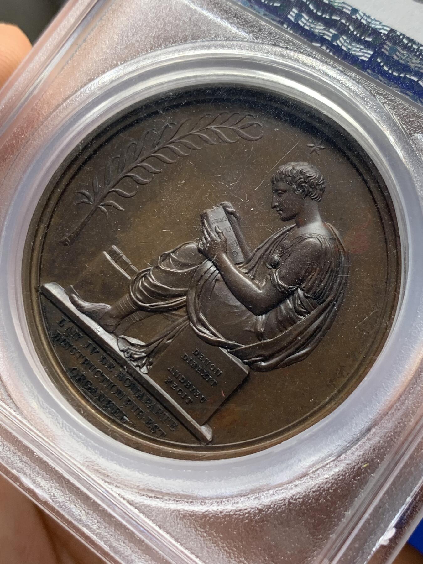 《竞宝斋》第287场-周六， 周日，周一 3场连拍 （全场包邮） PCGS SP64 法国1802拿破仑凯撒头原铸铜章 背面古罗马装扮的男神低头阅读 高分不易 仅三枚更高分