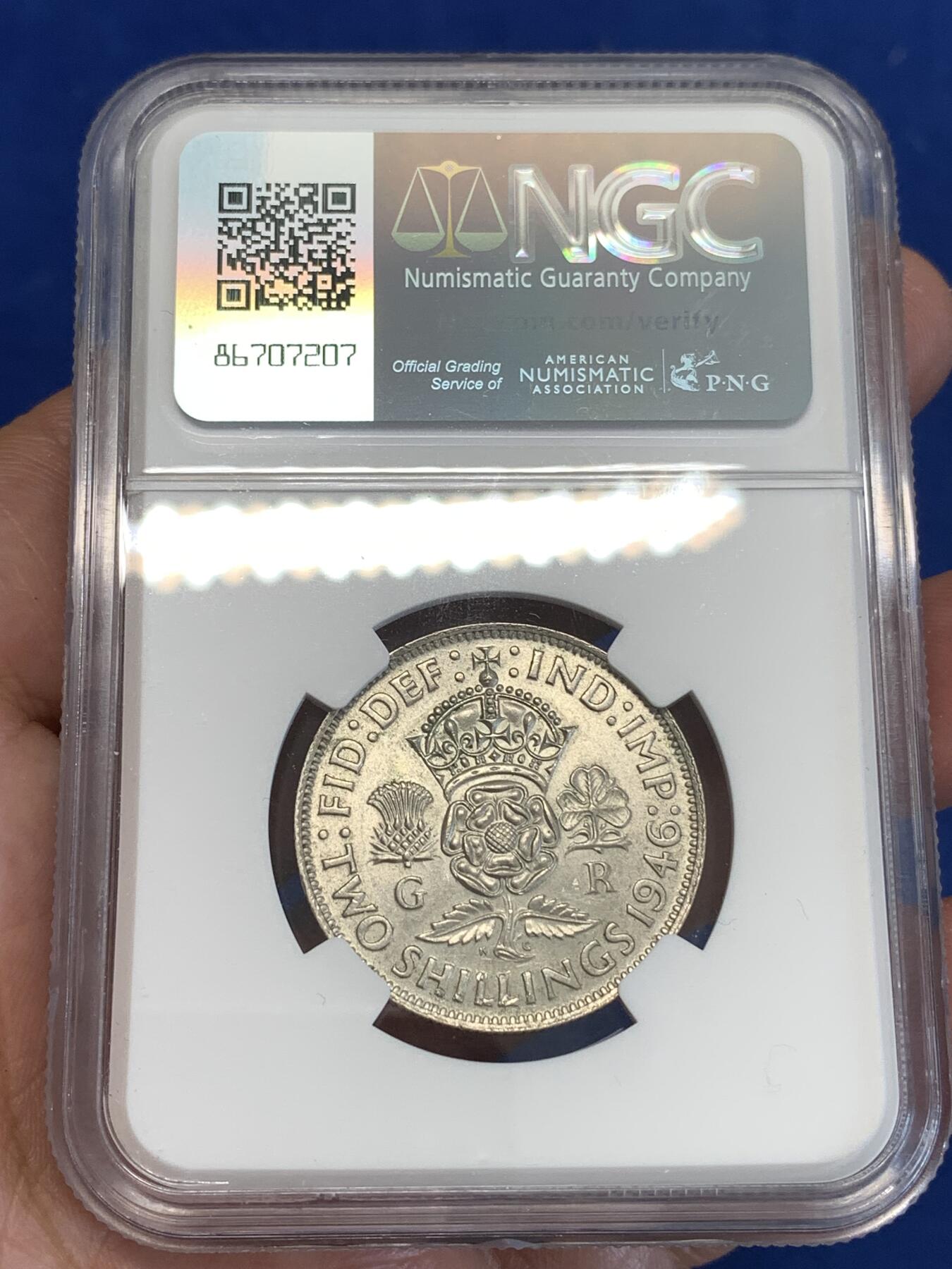 《竞宝斋》第287场-周六， 周日，周一 3场连拍 （全场包邮） NGC MS62 英国1946年乔治六世2先令银币