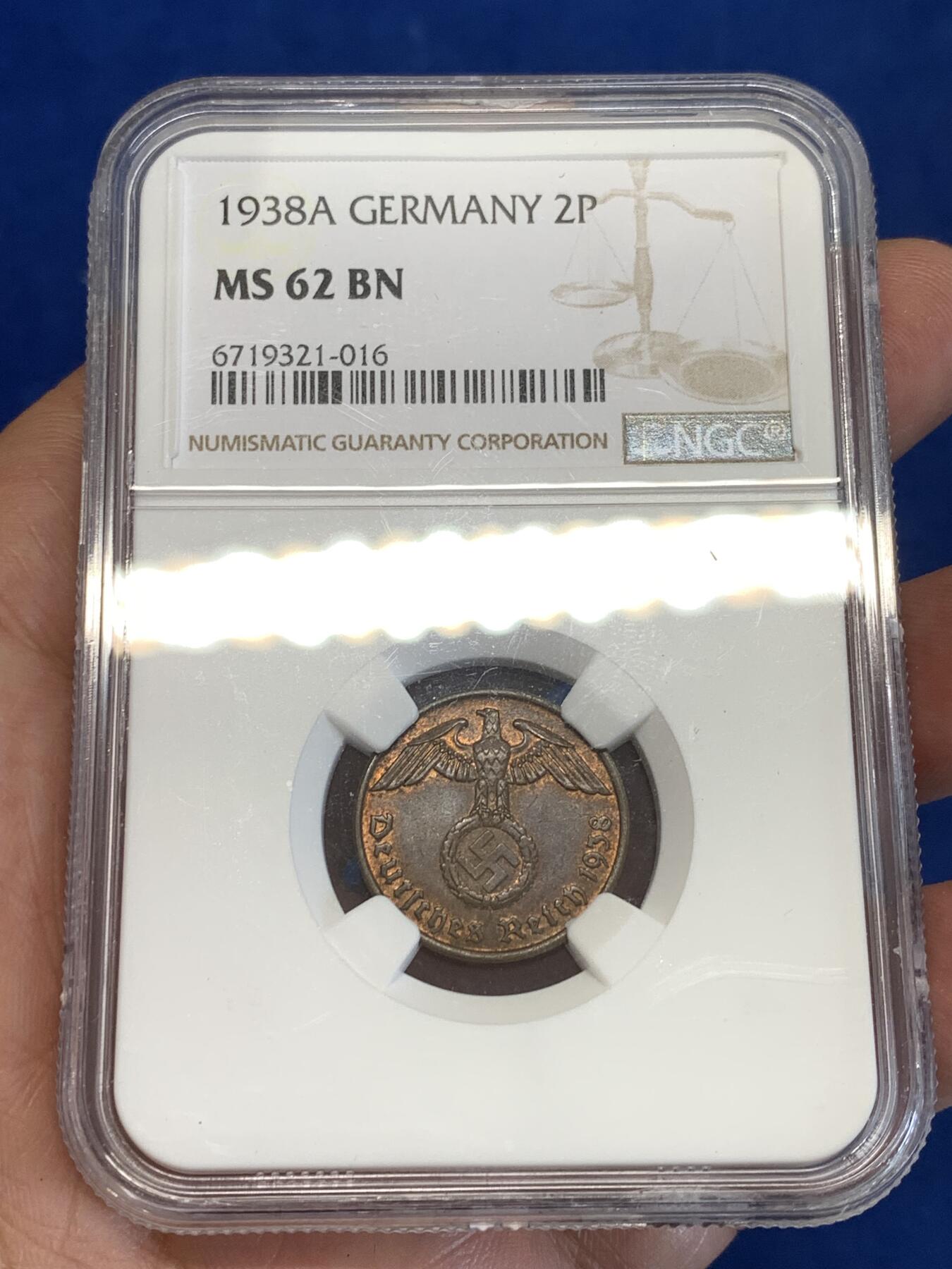 《竞宝斋》第287场-周六， 周日，周一 3场连拍 （全场包邮） NGC MS62BN 德国1938年A厂2芬尼