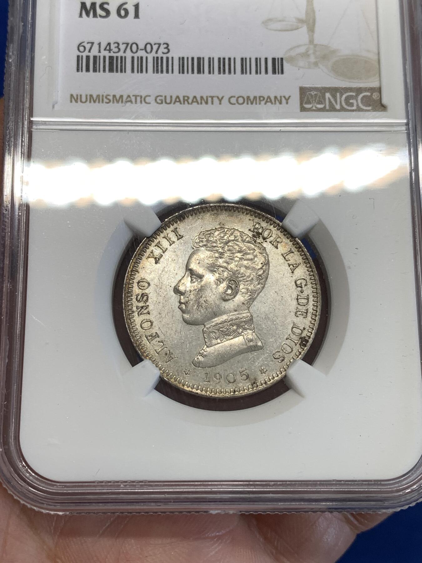 《竞宝斋》第287场-周六， 周日，周一 3场连拍 （全场包邮） NGC MS61 西班牙1905阿方索十三世2比塞塔银币