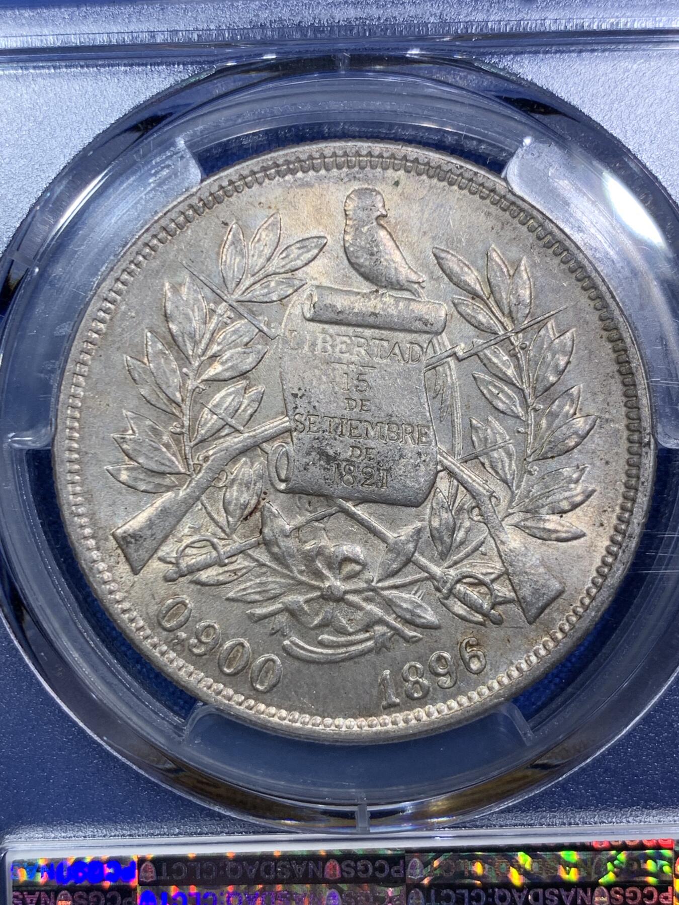 《竞宝斋》第287场-周六， 周日，周一 3场连拍 （全场包邮） PCGS MS63 危地马拉 1896年 1比索 银币 漂亮女神设计 黄油光 拉丁美洲热门品种 1896年入盒数不到1894一半