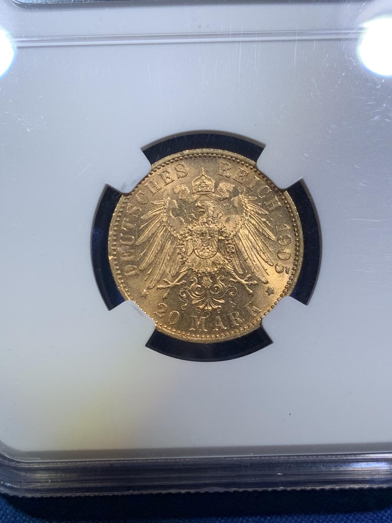 《竞宝斋》第287场-周六， 周日，周一 3场连拍 （全场包邮） NGC MS63 德国萨克森 1905E 20马克金币 弗莱德里希奥古斯都 小公国高分大拍难觅