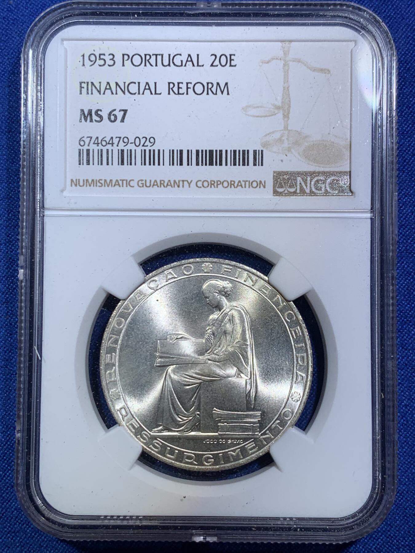 《竞宝斋》第287场-周六， 周日，周一 3场连拍 （全场包邮） NGC MS67 葡萄牙1953年金融改革制度25周年20埃斯库多银币