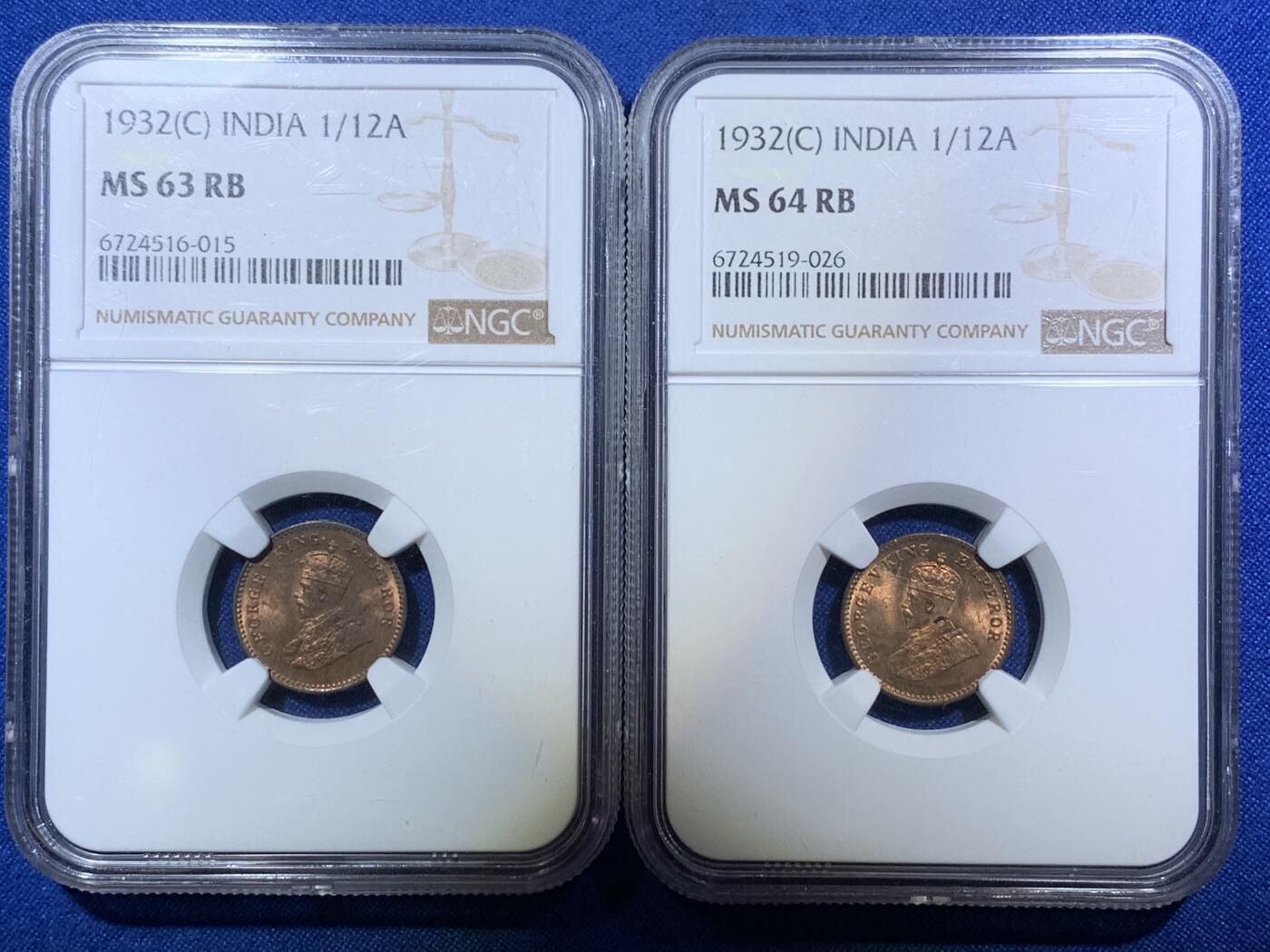 《竞宝斋》第287场-周六， 周日，周一 3场连拍 （全场包邮） 两枚一组 NGC MS64RB/MS63RB 1932C英属印度1/12A铜币