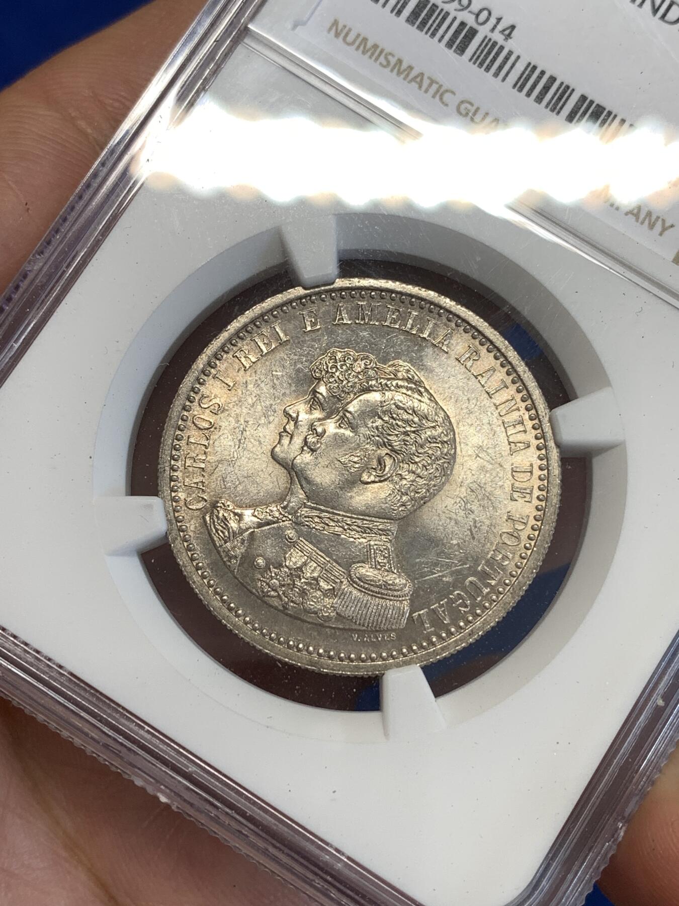 《竞宝斋》第287场-周六， 周日，周一 3场连拍 （全场包邮） NGC MS62 葡萄牙1898年发现印度戎装版500瑞斯银币