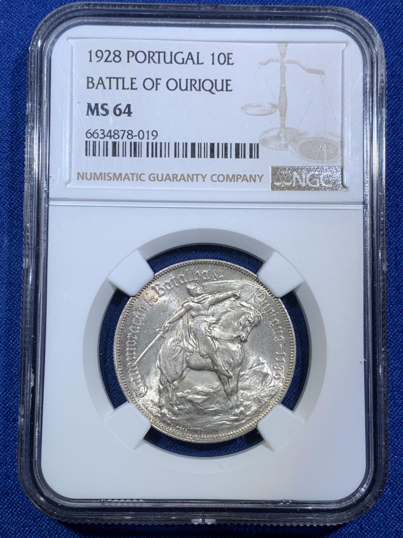 《竞宝斋》第287场-周六， 周日，周一 3场连拍 （全场包邮） NGC MS64葡萄牙1928年奥里基战役10埃斯库多纪念银币