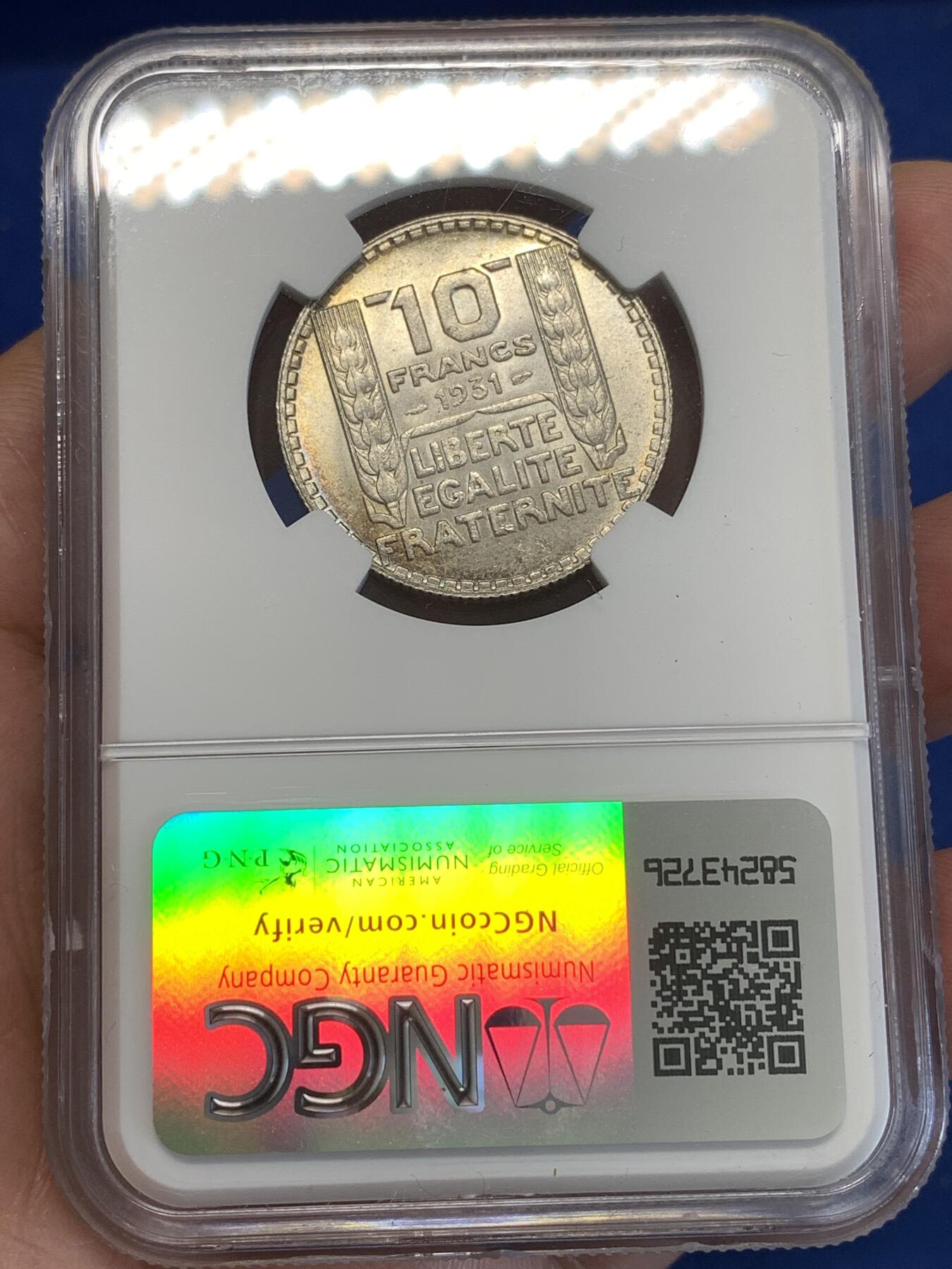 《竞宝斋》第287场-周六， 周日，周一 3场连拍 （全场包邮） NGC MS62 法国1931年谷物女神10法郎银币