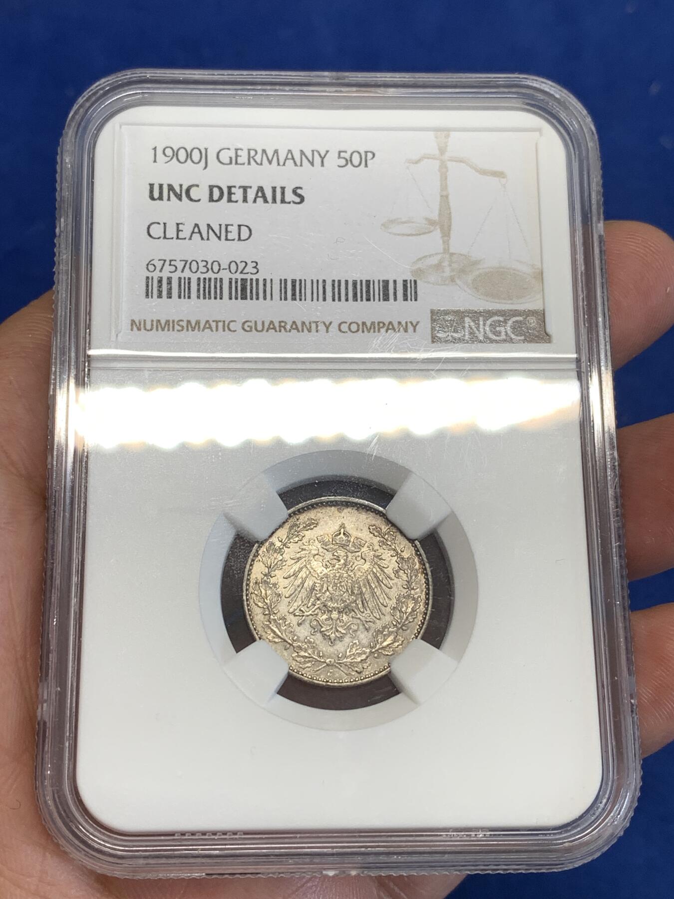 《竞宝斋》第287场-周六， 周日，周一 3场连拍 （全场包邮） NGC UNC 1900J 世纪之交 德意志第二帝国长翅鹰50芬尼花环银币 流通筋币，稀缺品种，unc克价400刀以上。