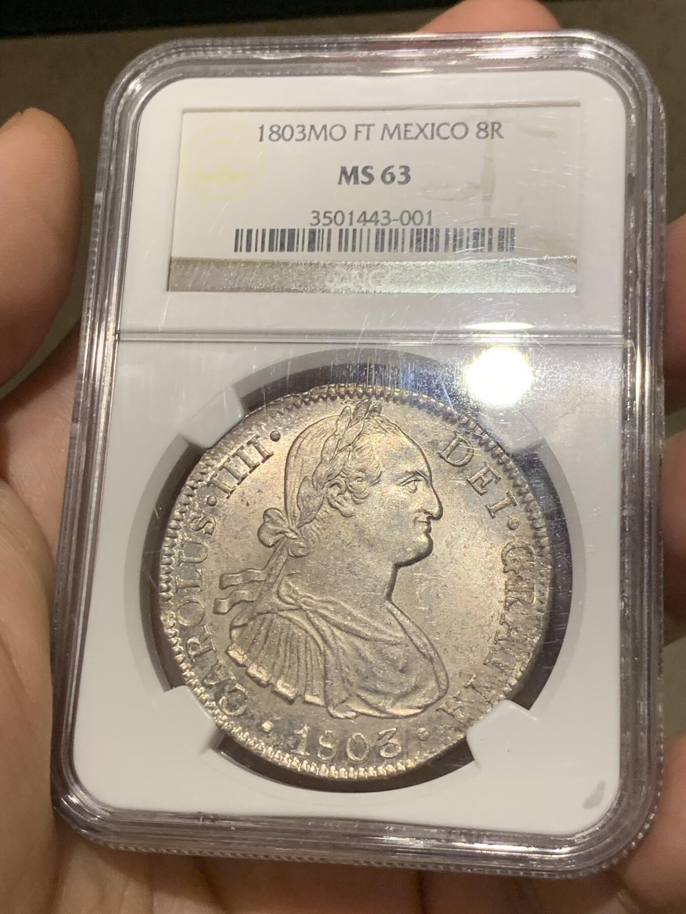《竞宝斋》第287场-周六， 周日，周一 3场连拍 （全场包邮） NGC MS63 西属墨西哥 1803 MO FT 卡四 双柱 8瑞尔 大银币 状态靓丽