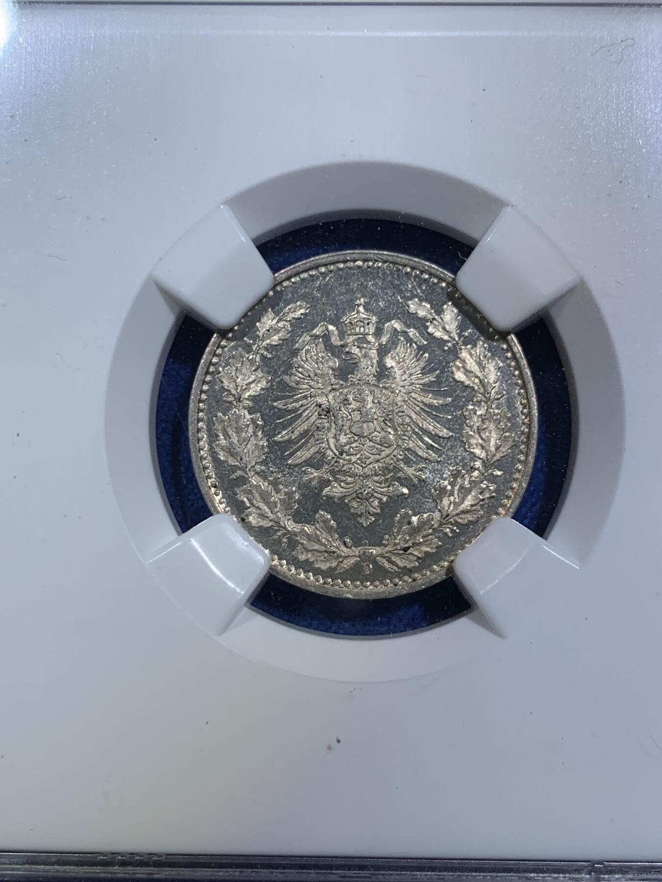 《竞宝斋》第287场-周六， 周日，周一 3场连拍 （全场包邮） NGC MS64 1877D 德意志第二帝国短翅鹰50芬尼花环银币 类镜面底板，观赏感十足，名誉品种。