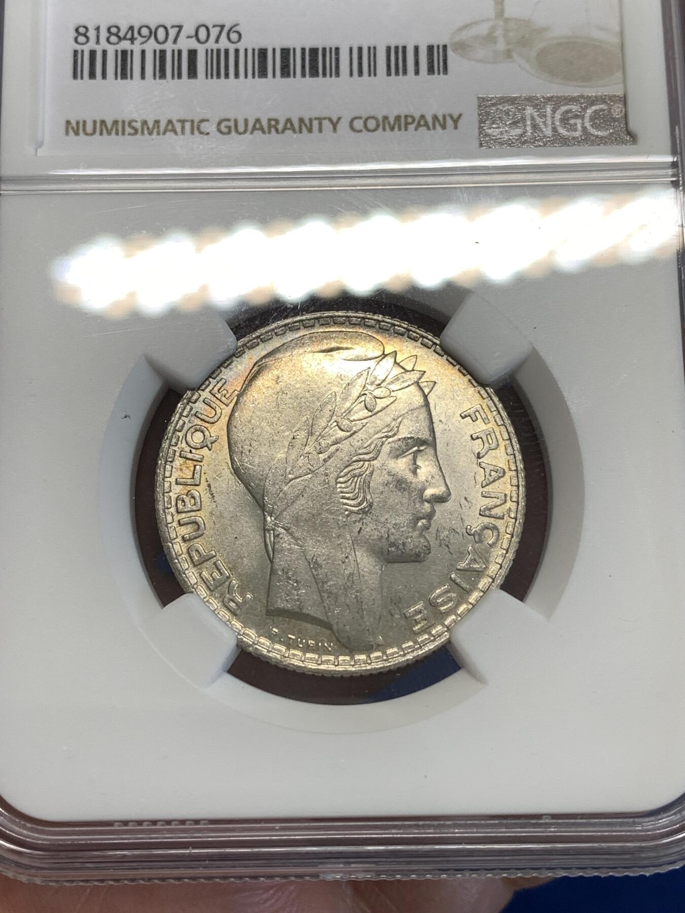 《竞宝斋》第287场-周六， 周日，周一 3场连拍 （全场包邮） NGC MS62 法国1931年谷物女神10法郎银币