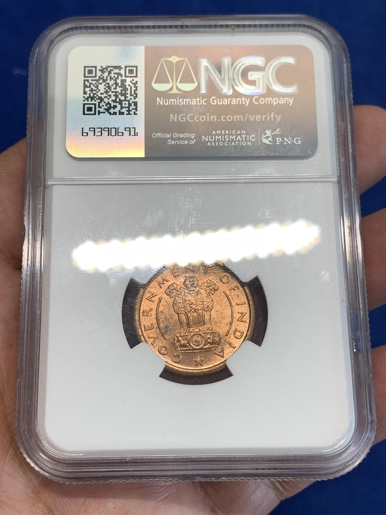 《竞宝斋》第287场-周六， 周日，周一 3场连拍 （全场包邮） NGC MS63RB 印度1951年小马1派沙铜币