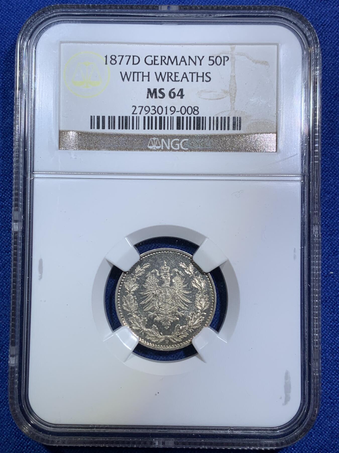 《竞宝斋》第287场-周六， 周日，周一 3场连拍 （全场包邮） NGC MS64 1877D 德意志第二帝国短翅鹰50芬尼花环银币 类镜面底板，观赏感十足，名誉品种。