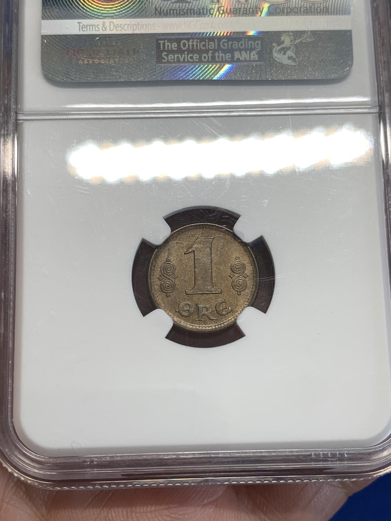 《竞宝斋》第287场-周六， 周日，周一 3场连拍 （全场包邮） NGC MS64BN 丹麦1923年1欧尔 辅币流通充分高分难得