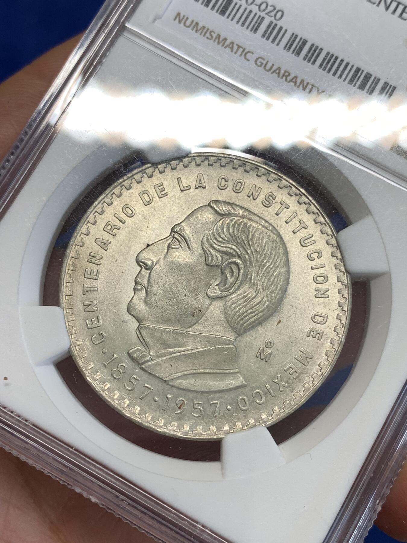 《竞宝斋》第287场-周六， 周日，周一 3场连拍 （全场包邮） NGC MS65 墨西哥 1957年 宪法百年纪念 5比索 银币