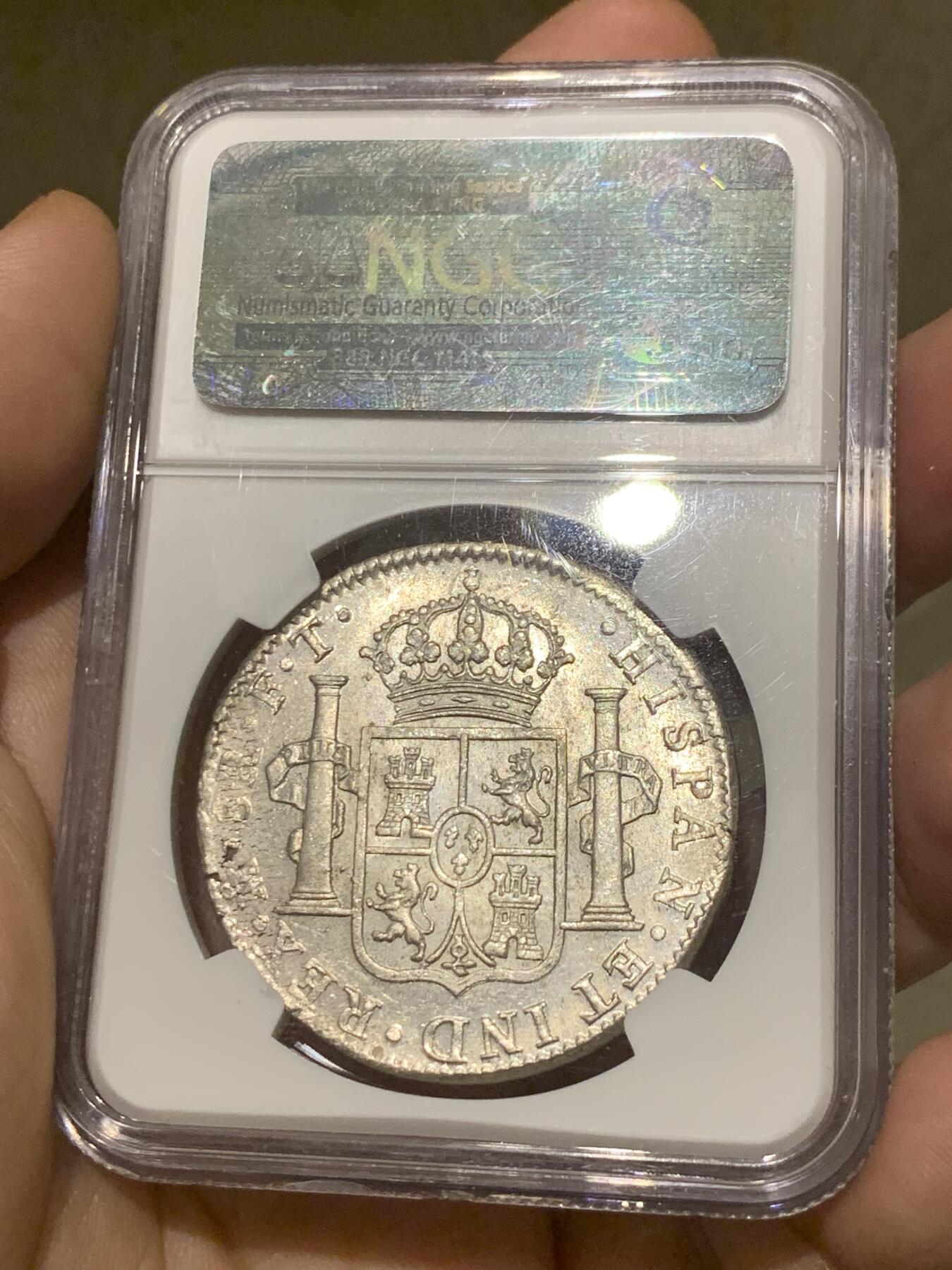 《竞宝斋》第287场-周六， 周日，周一 3场连拍 （全场包邮） NGC MS63 西属墨西哥 1803 MO FT 卡四 双柱 8瑞尔 大银币 状态靓丽