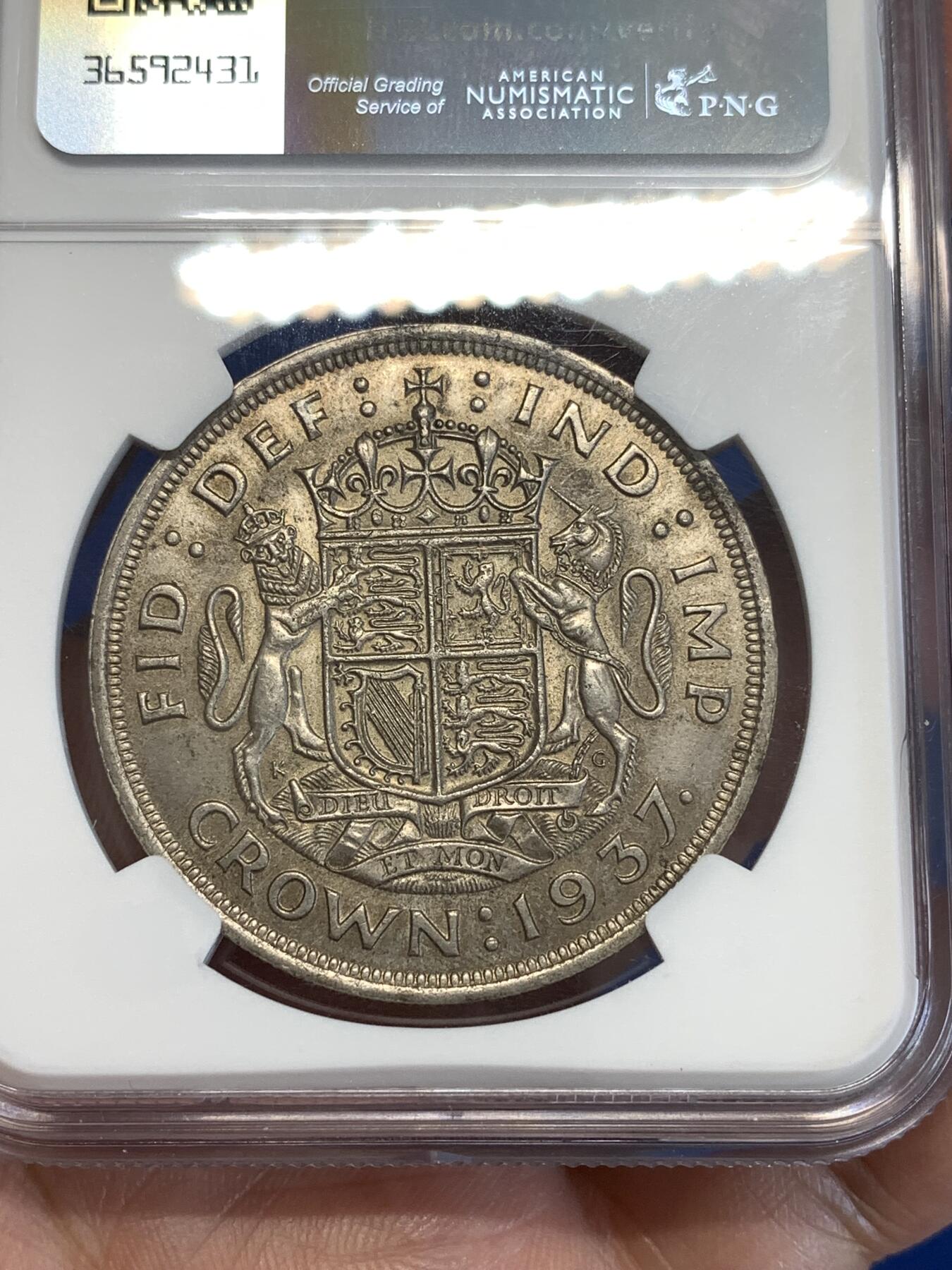 《竞宝斋》第287场-周六， 周日，周一 3场连拍 （全场包邮） NGC MS63 英国1937年乔治六世登基纪念1克朗银币 转光好