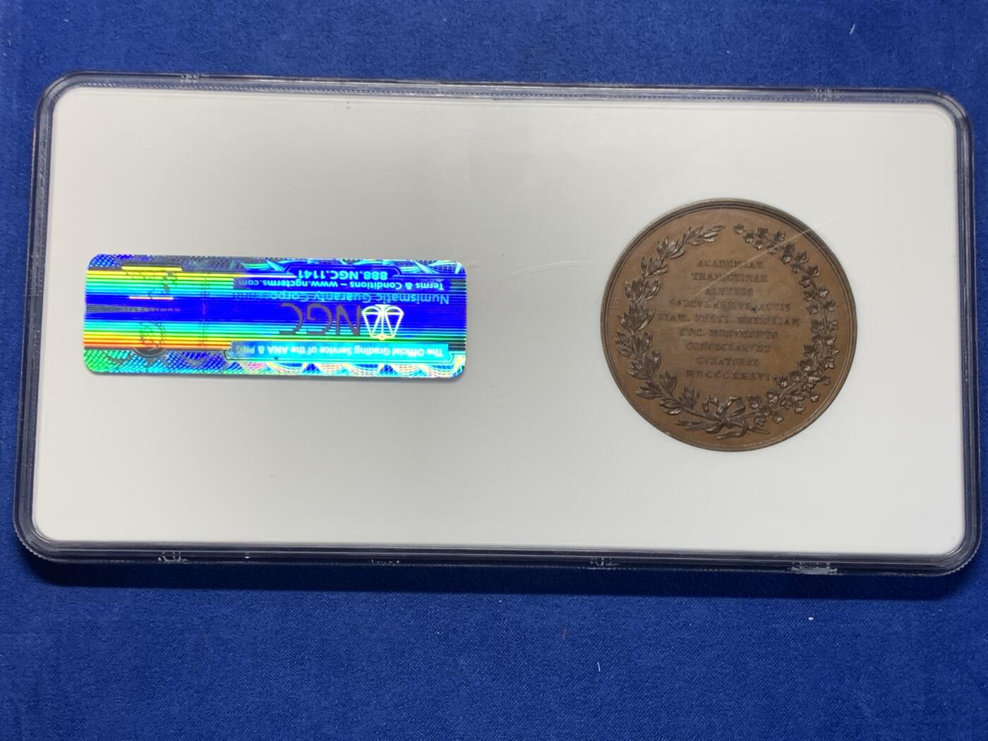 《竞宝斋》第287场-周六， 周日，周一 3场连拍 （全场包邮） NGC MS65BN 荷兰1836乌特勒支大学铜章 大横盒封装 稀见高分 一般都是62、63分，更高分本人仅见此品