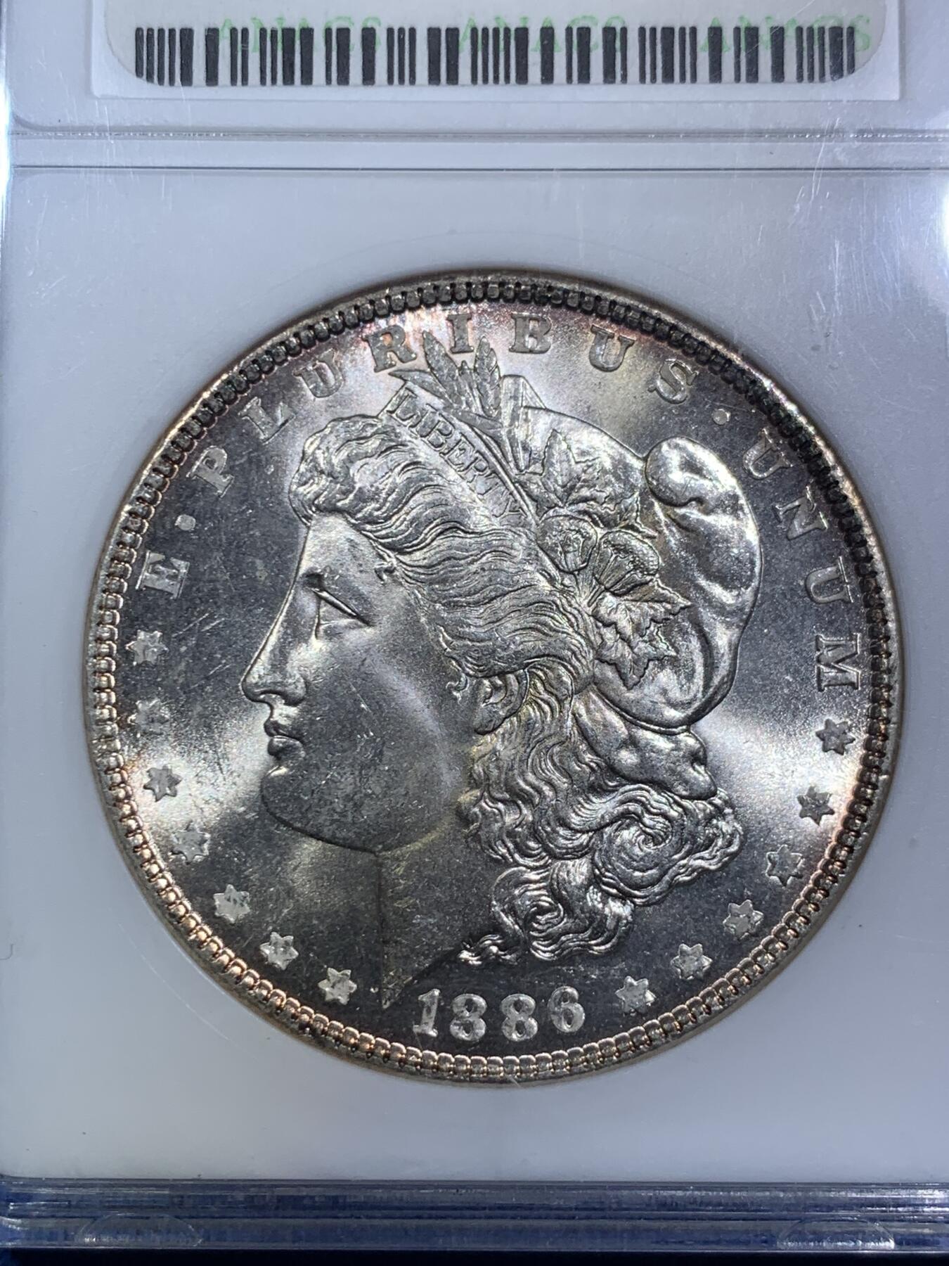 《竞宝斋》第287场-周六， 周日，周一 3场连拍 （全场包邮） ANACS MS65 美国 1886年 1美元 摩根银币 小白盒 镜面感非常好 鹰面环彩 绝版盒子+好品相 一步到位