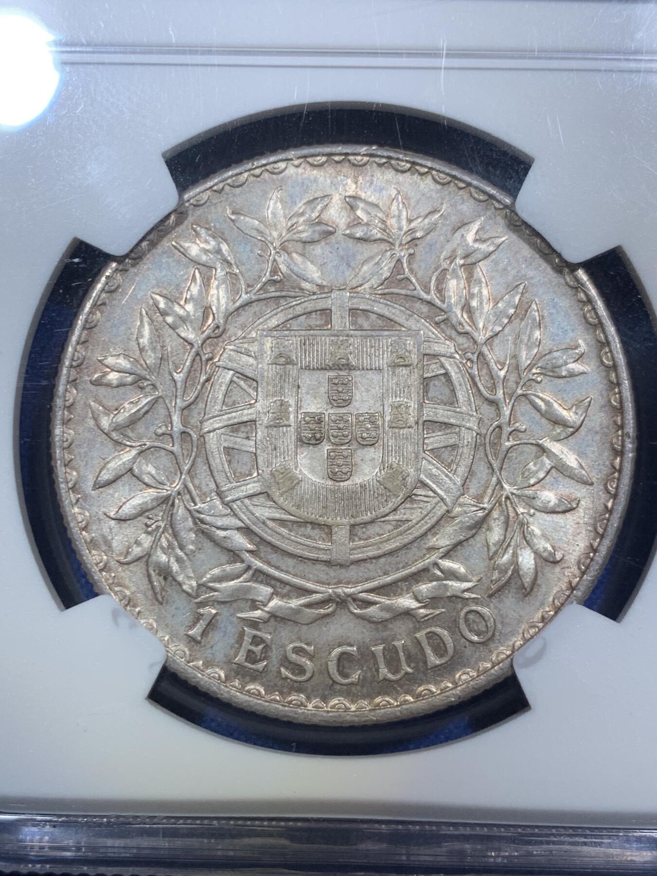 《竞宝斋》第287场-周六， 周日，周一 3场连拍 （全场包邮） NGC MS63 葡萄牙1916年自由女神1埃斯库多大银