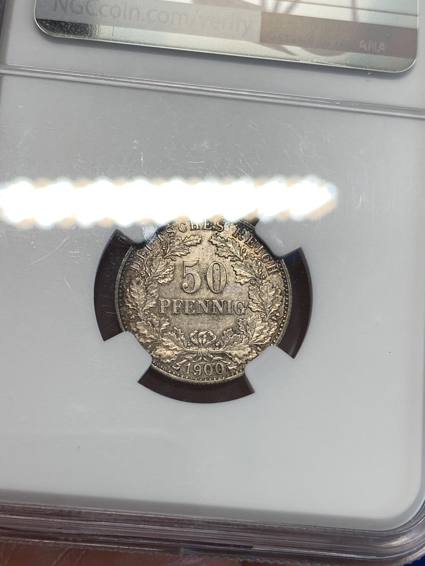 《竞宝斋》第287场-周六， 周日，周一 3场连拍 （全场包邮） NGC UNC 1900J 世纪之交 德意志第二帝国长翅鹰50芬尼花环银币 流通筋币，稀缺品种，unc克价400刀以上。