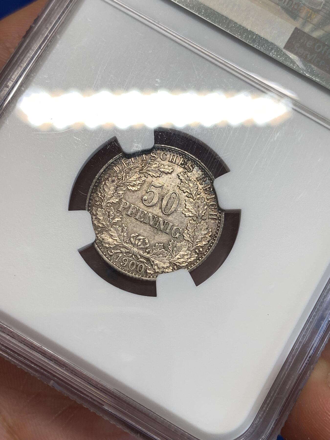 《竞宝斋》第287场-周六， 周日，周一 3场连拍 （全场包邮） NGC UNC 1900J 世纪之交 德意志第二帝国长翅鹰50芬尼花环银币 流通筋币，稀缺品种，unc克价400刀以上。