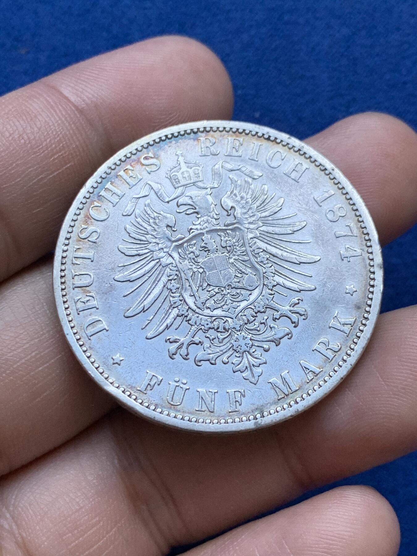 《竞宝斋》第287场-周六， 周日，周一 3场连拍 （全场包邮） 德国普鲁士1874年威廉一世短翅鹰5马克银币