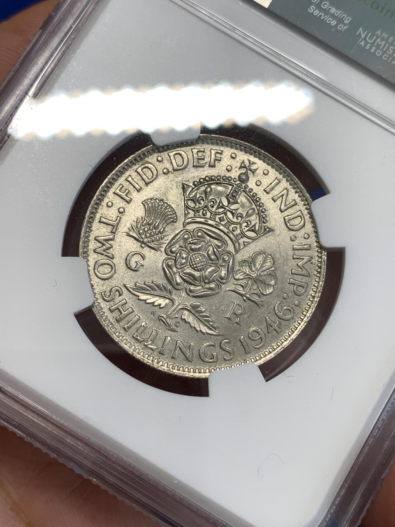 《竞宝斋》第287场-周六， 周日，周一 3场连拍 （全场包邮） NGC MS62 英国1946年乔治六世2先令银币