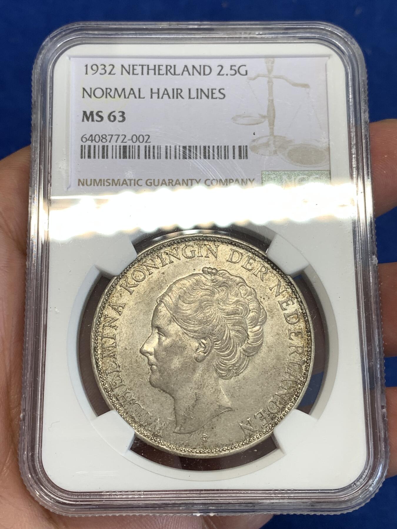 《竞宝斋》第287场-周六， 周日，周一 3场连拍 （全场包邮） NGC MS63 荷兰1932年威廉米娜女王2.5盾银币