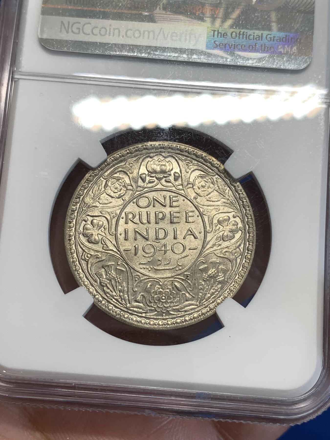 《竞宝斋》第287场-周六， 周日，周一 3场连拍 （全场包邮） NGC MS62 英属印度1940年乔治六世1卢比银币