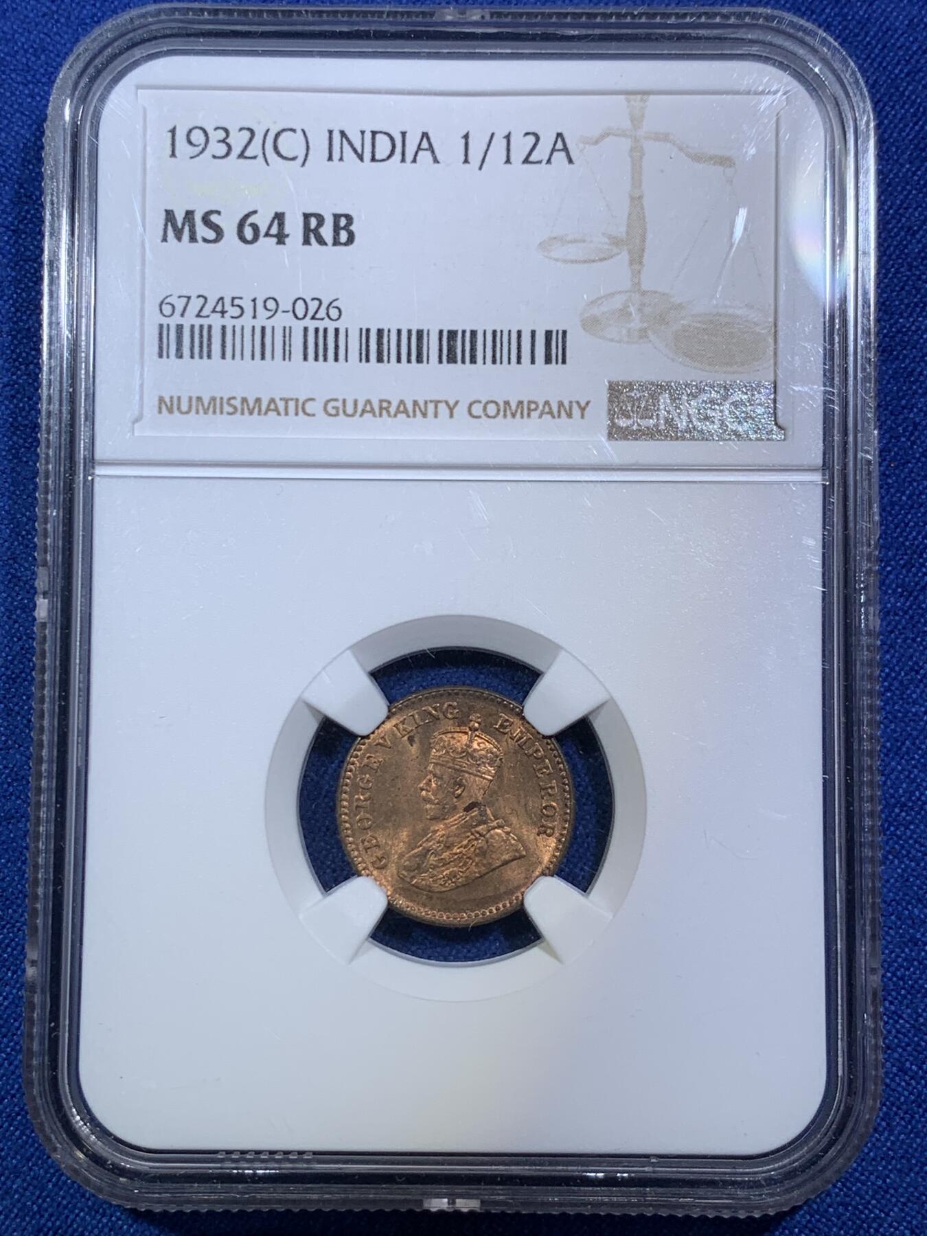 《竞宝斋》第287场-周六， 周日，周一 3场连拍 （全场包邮） 两枚一组 NGC MS64RB/MS63RB 1932C英属印度1/12A铜币