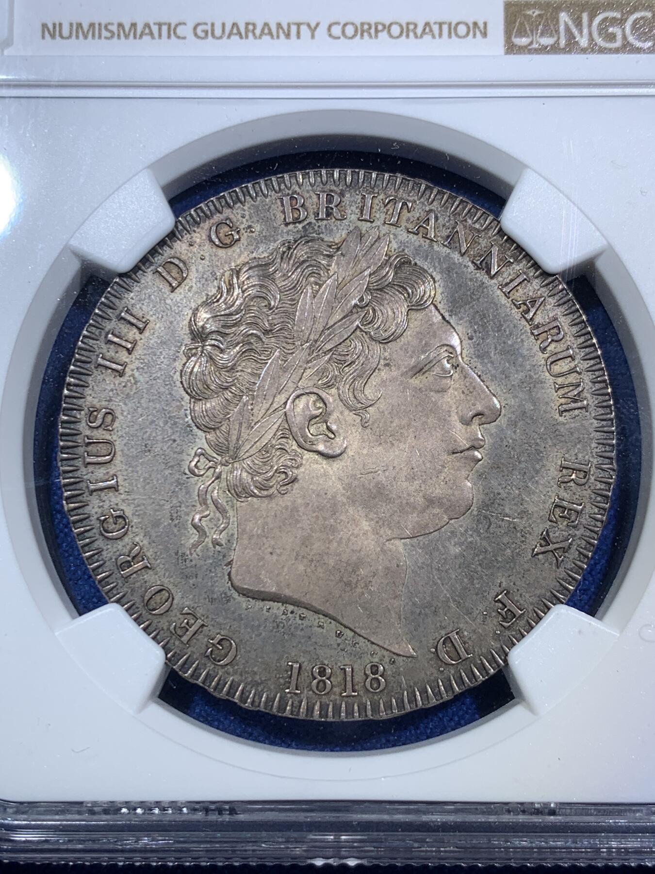 《竞宝斋》第287场-周六， 周日，周一 3场连拍 （全场包邮） NGC MS63 英国1818年乔治三世马剑1克朗大银币 深彩包浆 PL状态 63分可藏