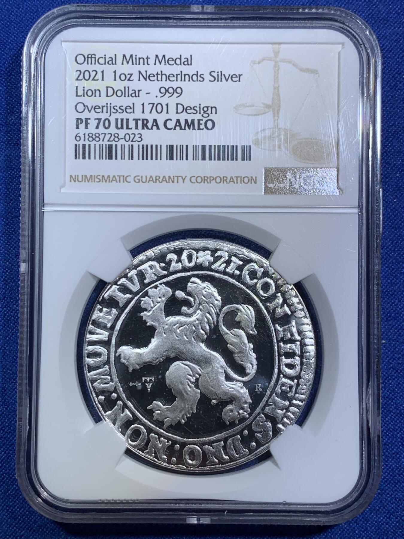 《竞宝斋》第287场-周六， 周日，周一 3场连拍 （全场包邮） NGC PF70UC 荷兰2021狮洋 后铸版 1盎司银币 正面是站立大狮子 背面是戎装武士
