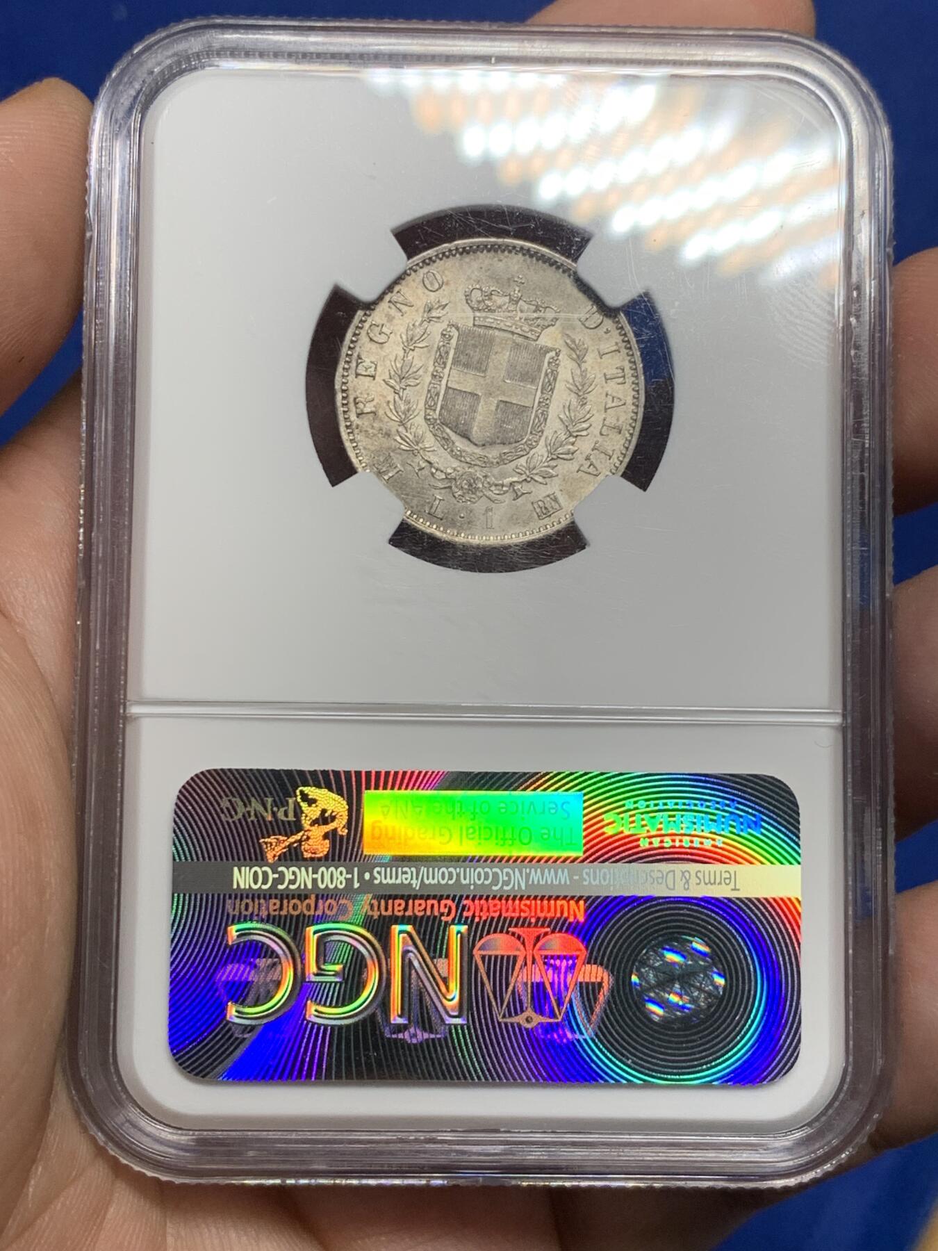 《竞宝斋》第287场-周六， 周日，周一 3场连拍 （全场包邮） NGC MS64 意大利 1863 尹曼纽尔二世 1里拉银币 流通辅币 MS 不容易