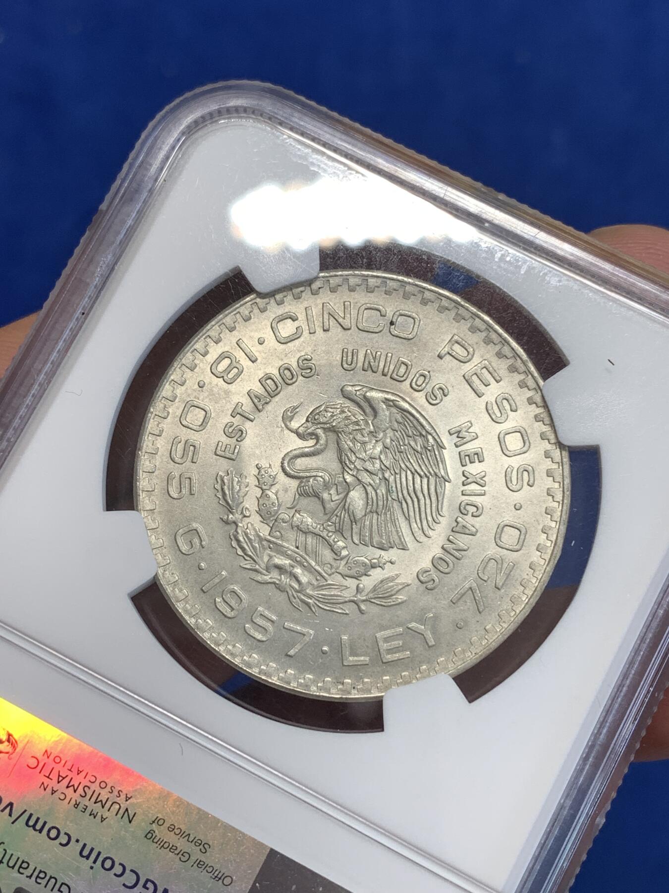 《竞宝斋》第287场-周六， 周日，周一 3场连拍 （全场包邮） NGC MS65 墨西哥 1957年 宪法百年纪念 5比索 银币