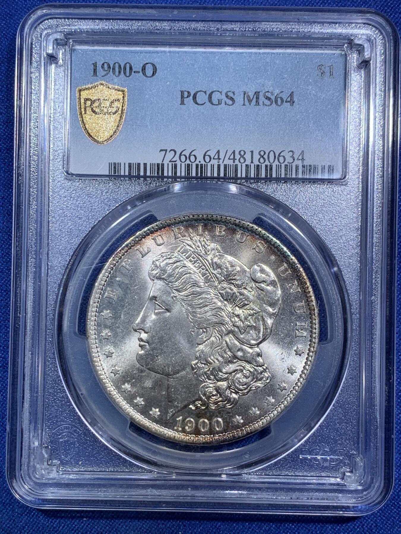 《竞宝斋》第287场-周六， 周日，周一 3场连拍 （全场包邮） PCGS MS64 美国1900年摩根银币O版 环彩包浆 市场上比较少年份的摩根银币。