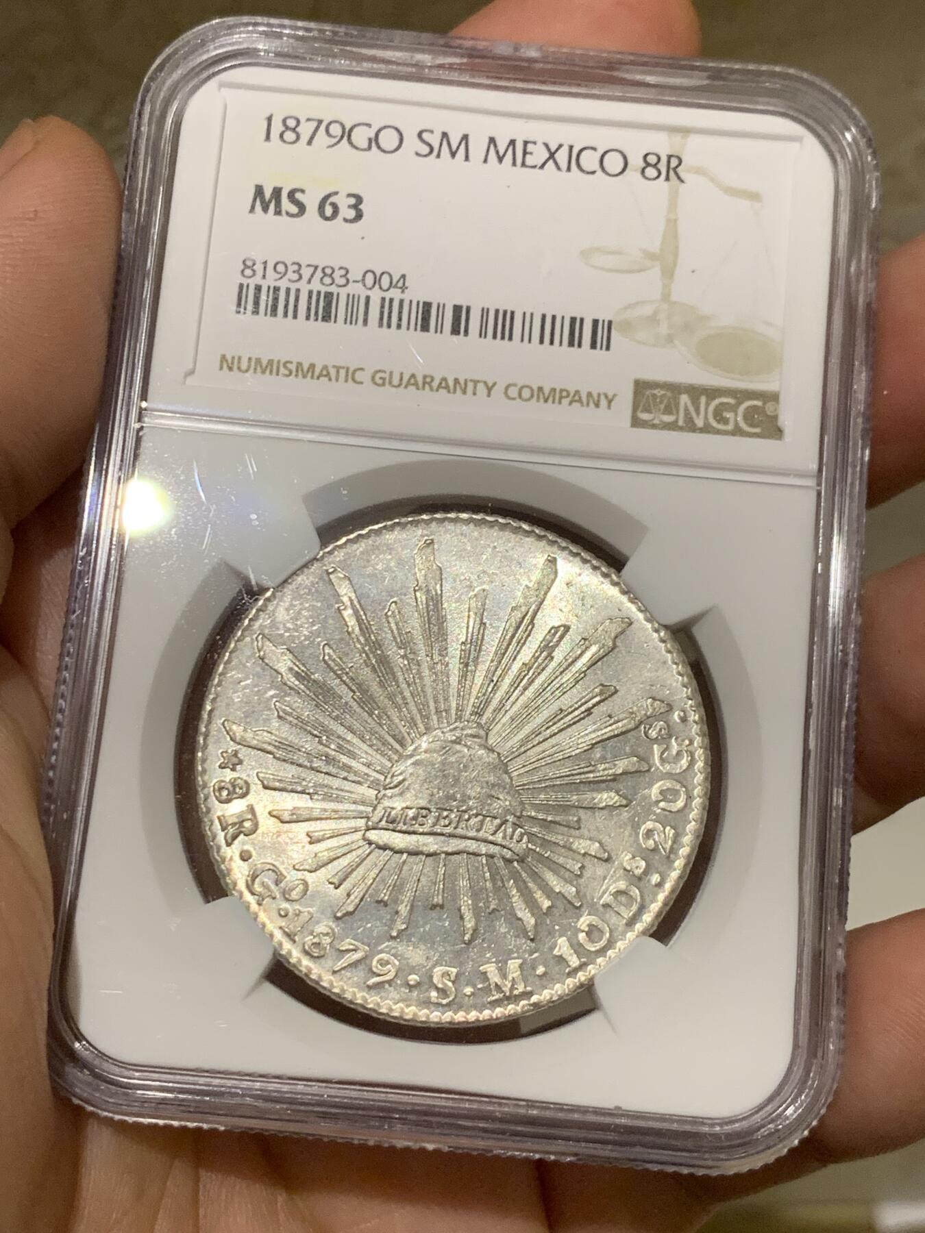 《竞宝斋》第287场-周六， 周日，周一 3场连拍 （全场包邮） NGC MS63 墨西哥 1879 GO SM 8瑞尔 花边鹰洋 全羽 十字光 可藏